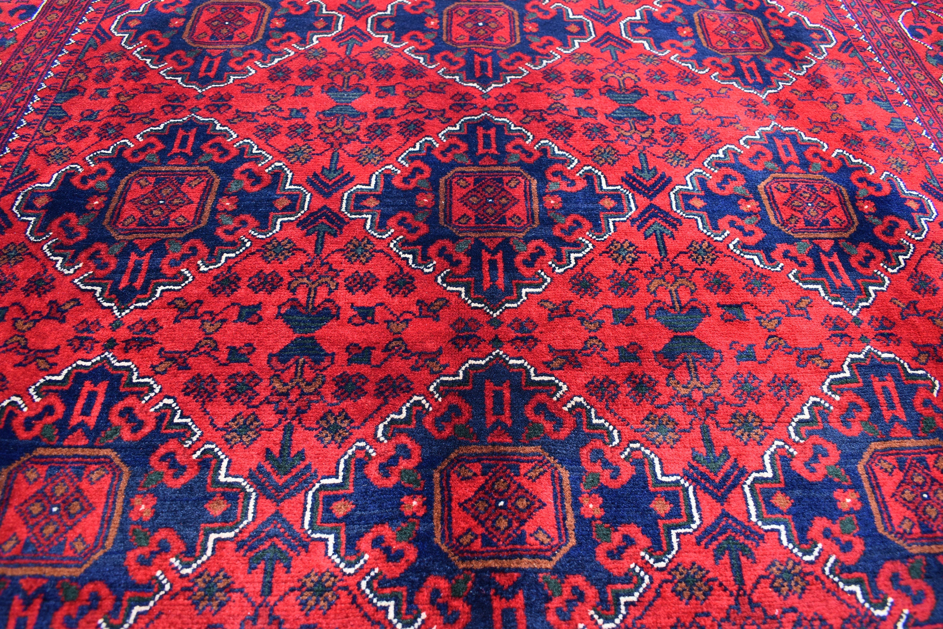 5x7 Bukhara Rug 6.10x4.10 Ft Handwoven Wool, Traditional Red & Blue Carpet, Boho Home Decor, Living Room Rug, Office Rug, Bedroom Rug