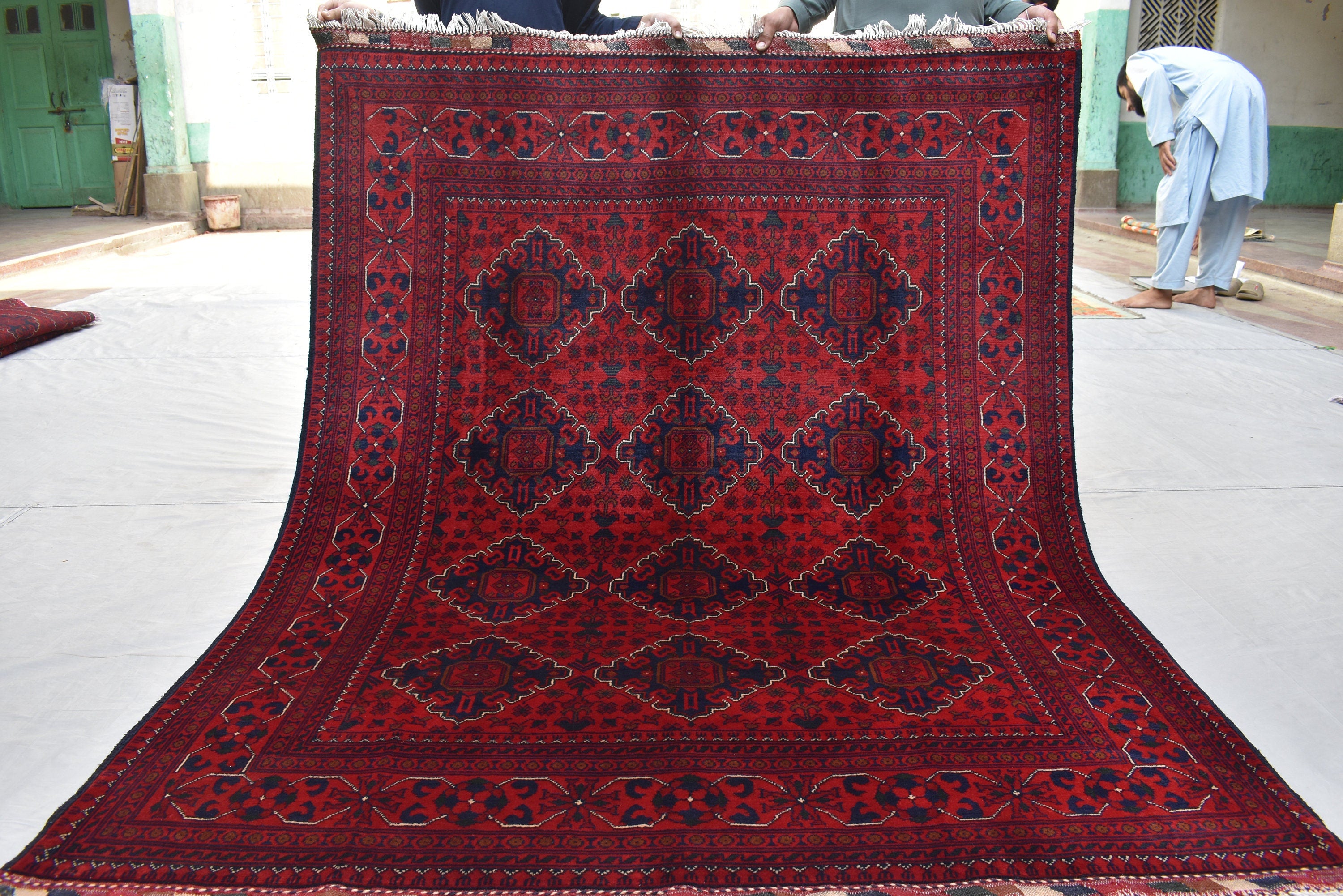 Handwoven Wool Bukhara Rug: 6.10x4.10 Ft Red & Blue Geometric Carpet