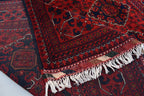 Handwoven Wool Bukhara Rug: 6.10x4.10 Ft Red & Blue Geometric Carpet