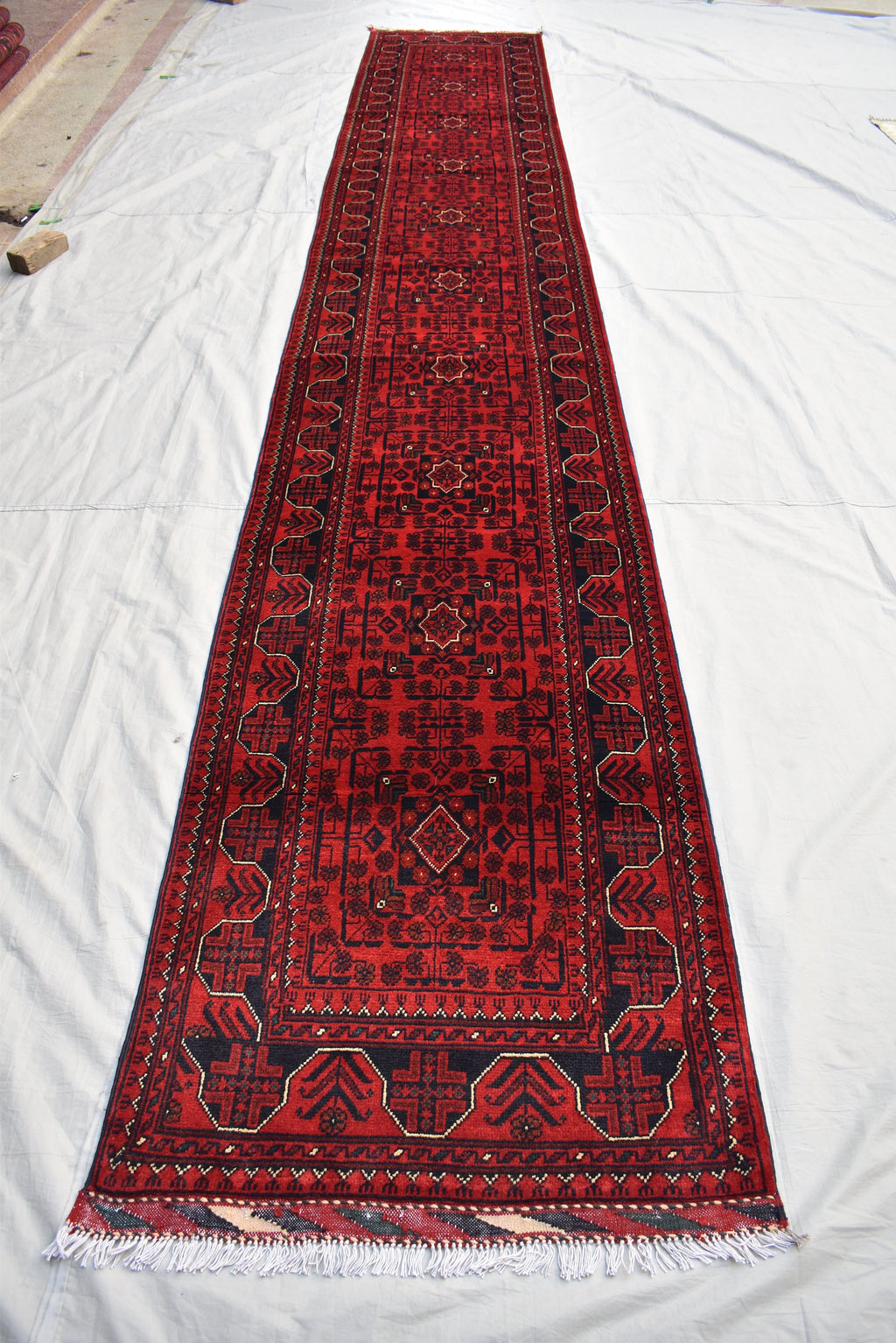 3x16 ft Handmade Hallway Runner Rug, Afghan Tribal Bukhara Deep Red Corridor Carpet