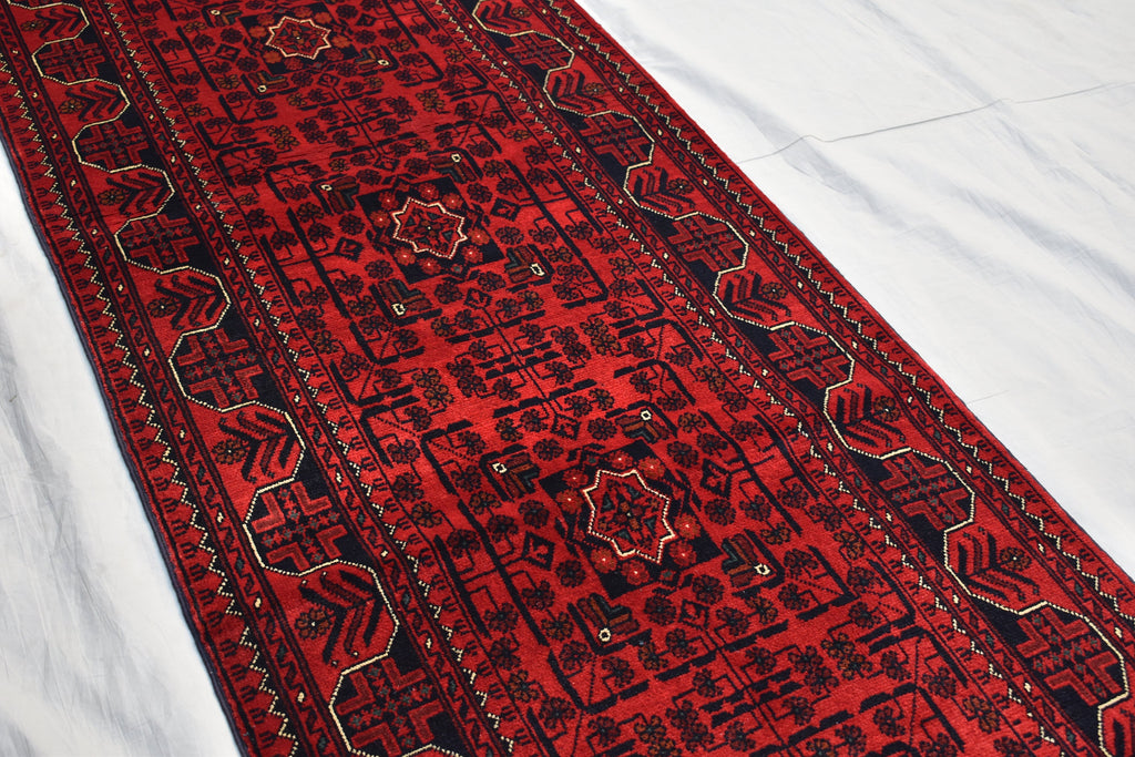 3x16 ft Handmade Hallway Runner Rug, Afghan Tribal Bukhara Deep Red Corridor Carpet