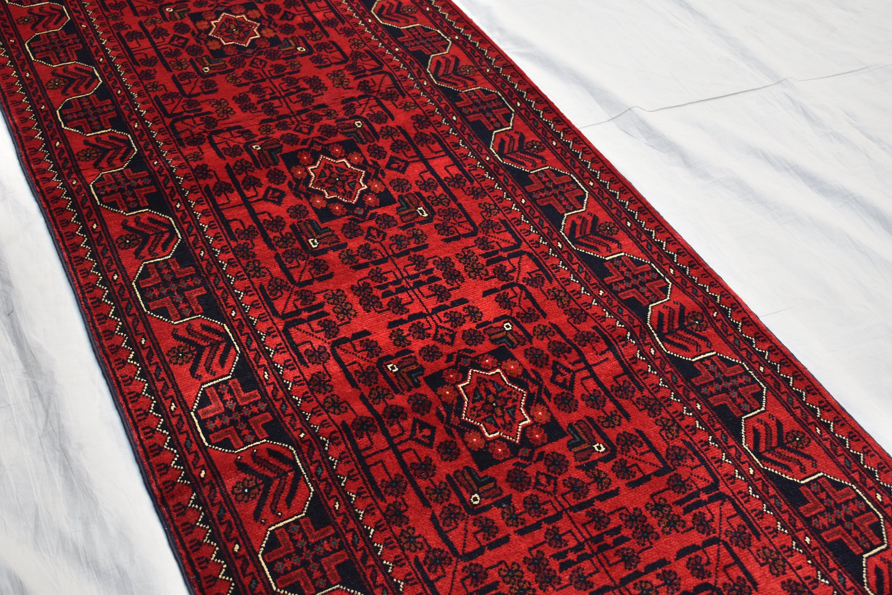 3x16 ft Handmade Hallway Runner Rug, Afghan Tribal Bukhara Deep Red Corridor Carpet