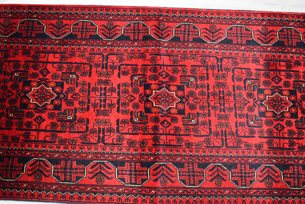 3x16 ft Handmade Hallway Runner Rug, Afghan Tribal Bukhara Deep Red Corridor Carpet