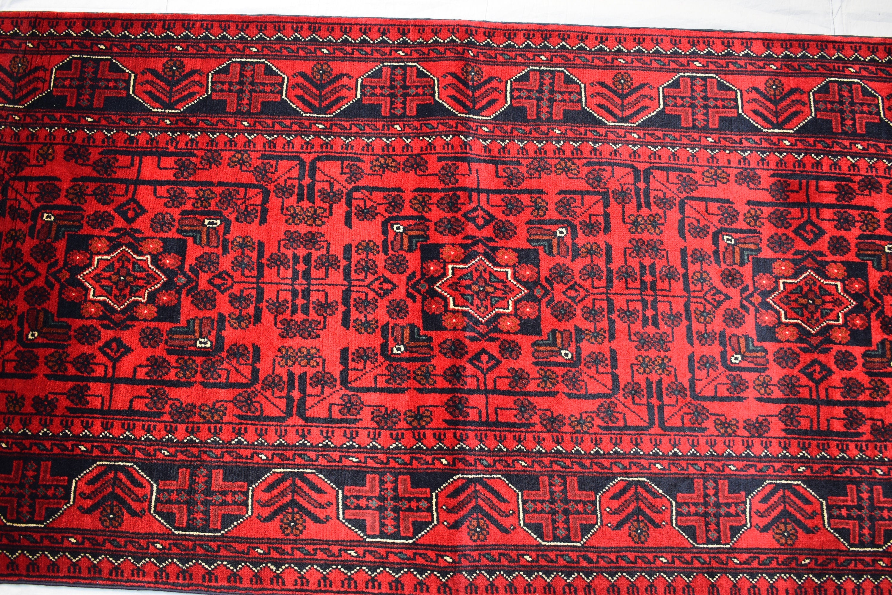3x16 ft Handmade Hallway Runner Rug, Afghan Tribal Bukhara Deep Red Corridor Carpet