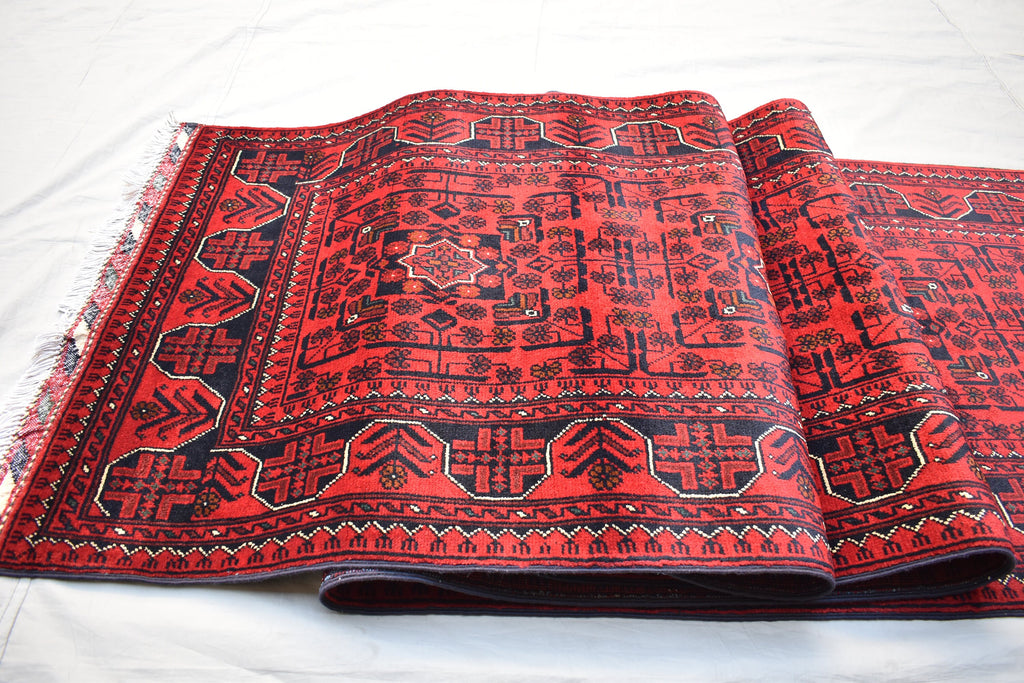 3x16 ft Handmade Hallway Runner Rug, Afghan Tribal Bukhara Deep Red Corridor Carpet