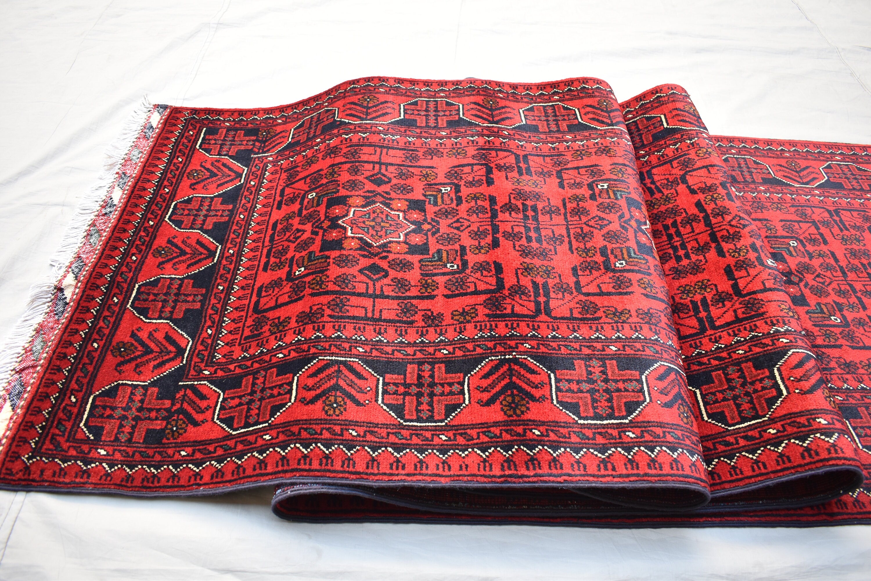 3x16 ft Handmade Hallway Runner Rug, Afghan Tribal Bukhara Deep Red Corridor Carpet