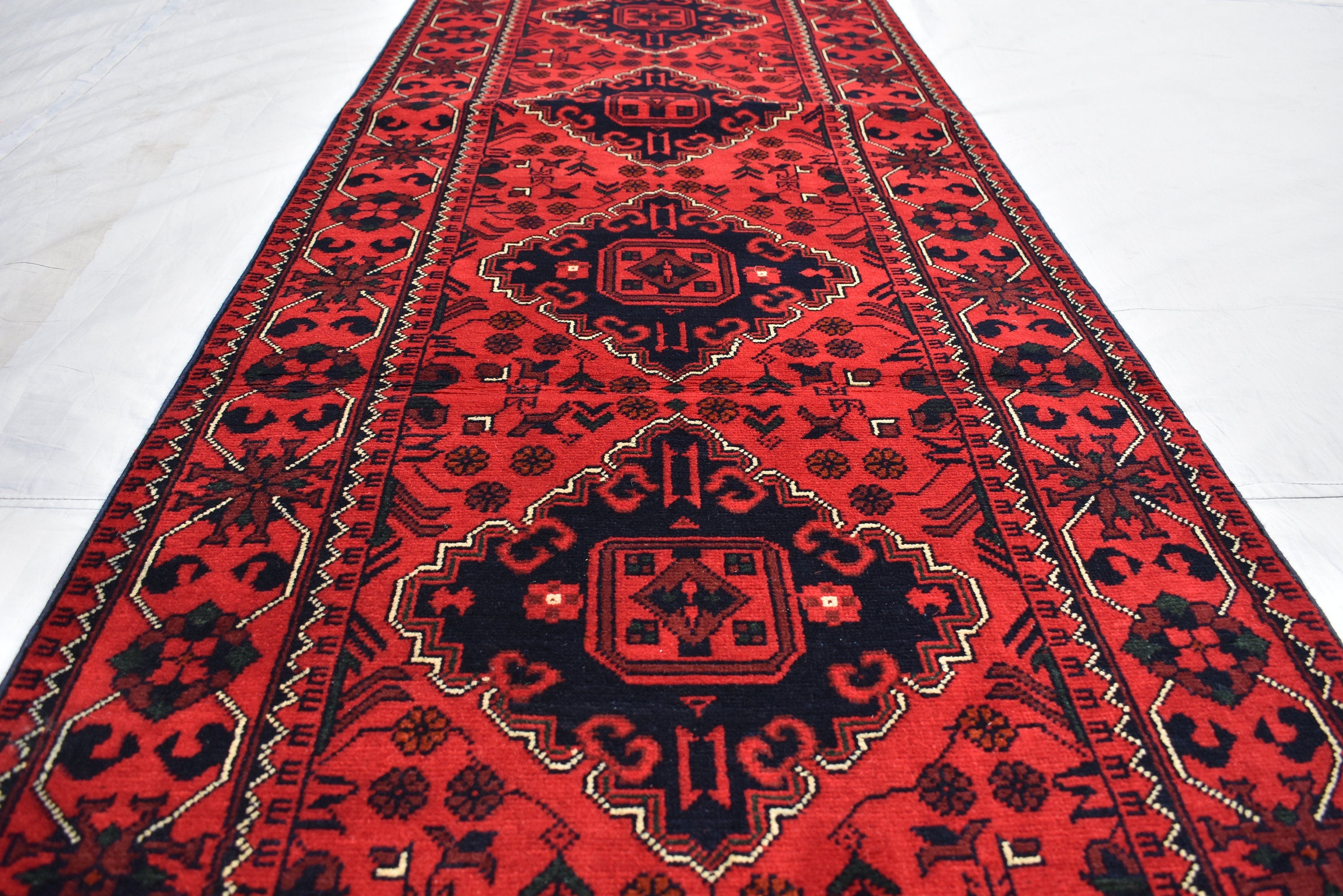 3x13Ft, Red Turkmen Wedding Runner Rug – Afghan Wool Hallway Runner | Handmade Khamiyab Bokhara Rug for Aisle, Event, or Home Decor 394x78cm