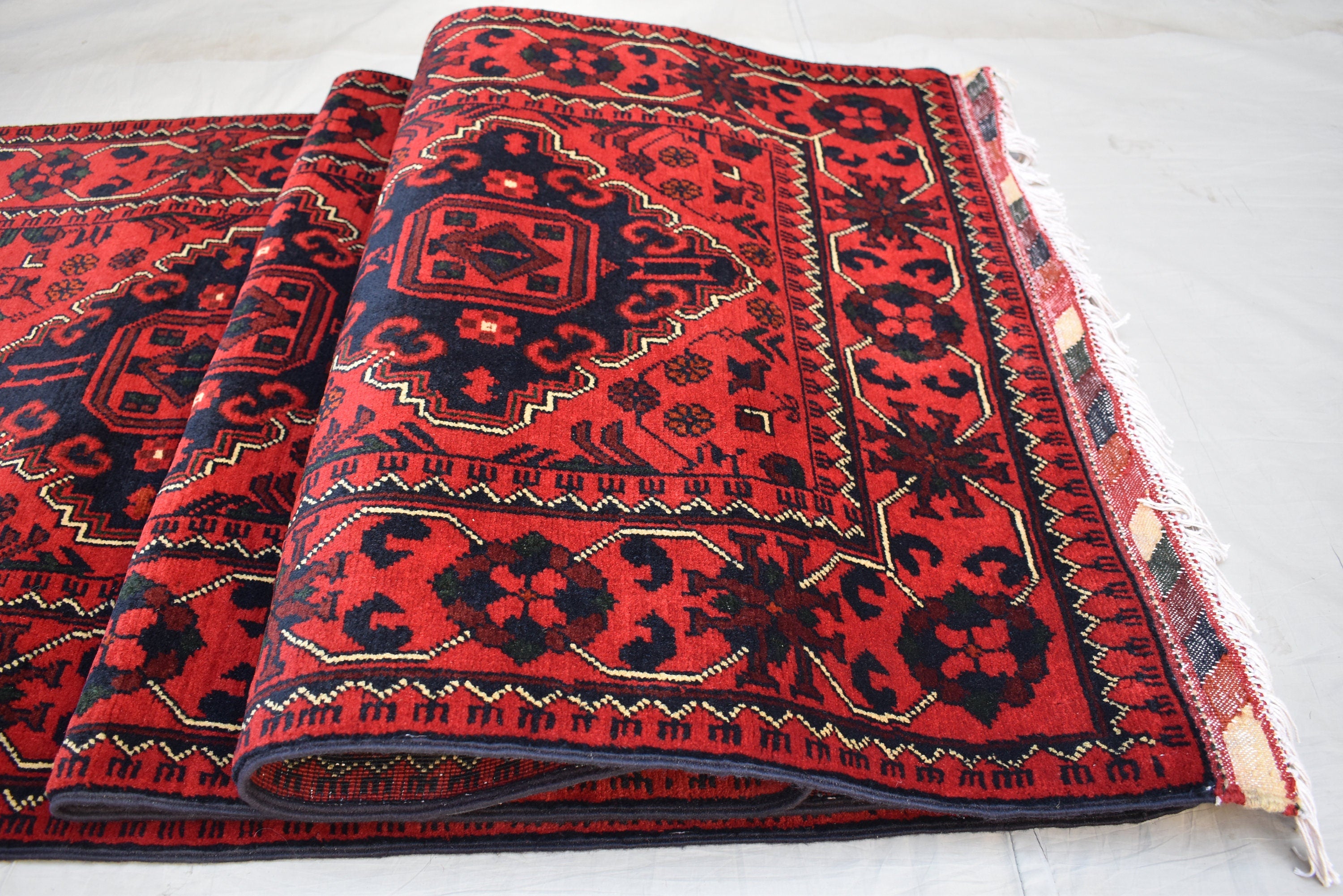 3x13Ft, Red Turkmen Wedding Runner Rug – Afghan Wool Hallway Runner | Handmade Khamiyab Bokhara Rug for Aisle, Event, or Home Decor 394x78cm