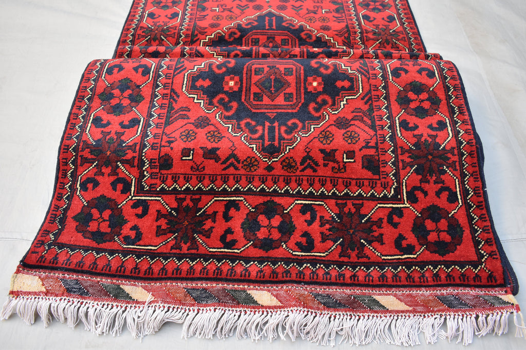 3x13Ft, Red Turkmen Wedding Runner Rug – Afghan Wool Hallway Runner | Handmade Khamiyab Bokhara Rug for Aisle, Event, or Home Decor 394x78cm