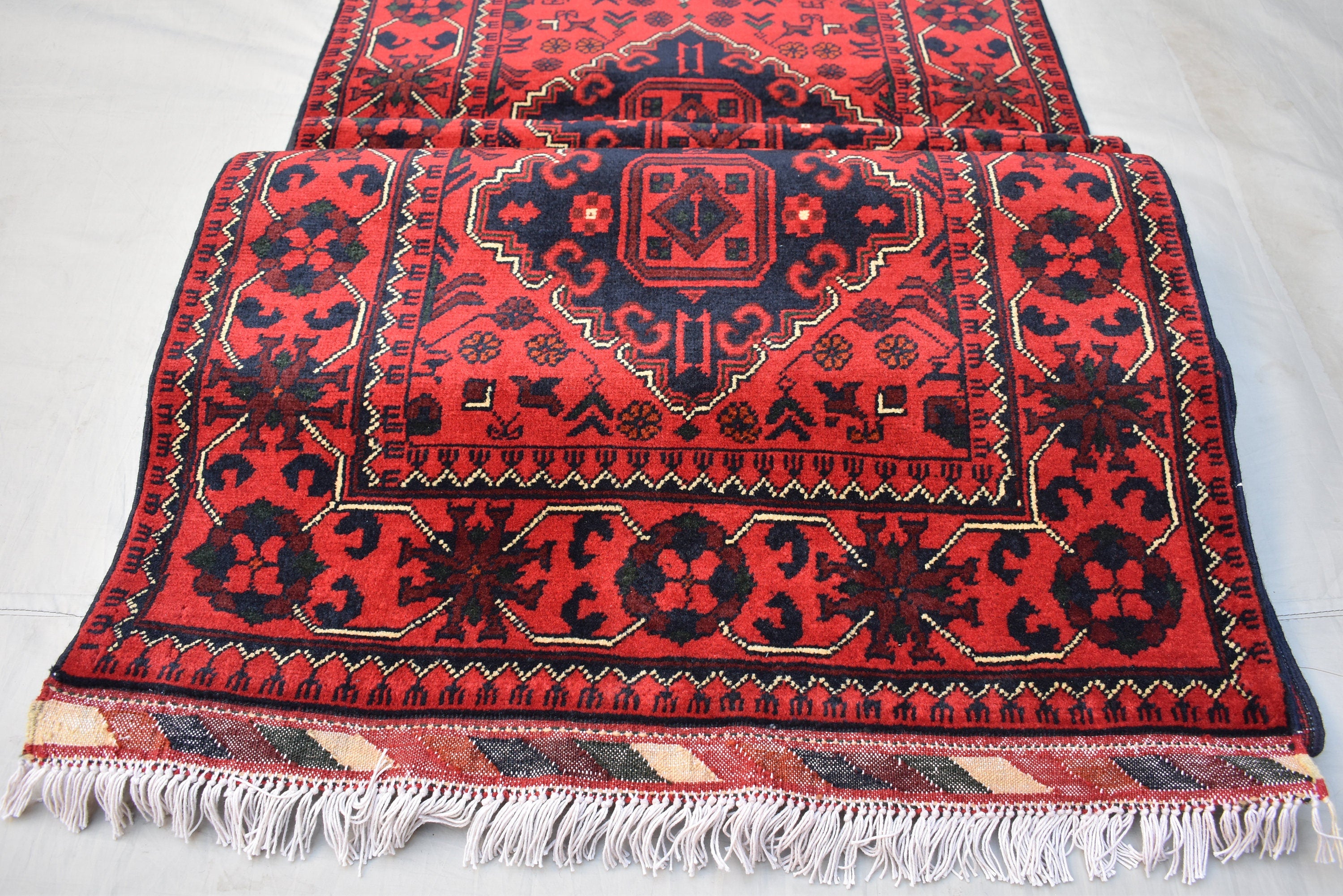 3x13Ft, Red Turkmen Wedding Runner Rug – Afghan Wool Hallway Runner | Handmade Khamiyab Bokhara Rug for Aisle, Event, or Home Decor 394x78cm