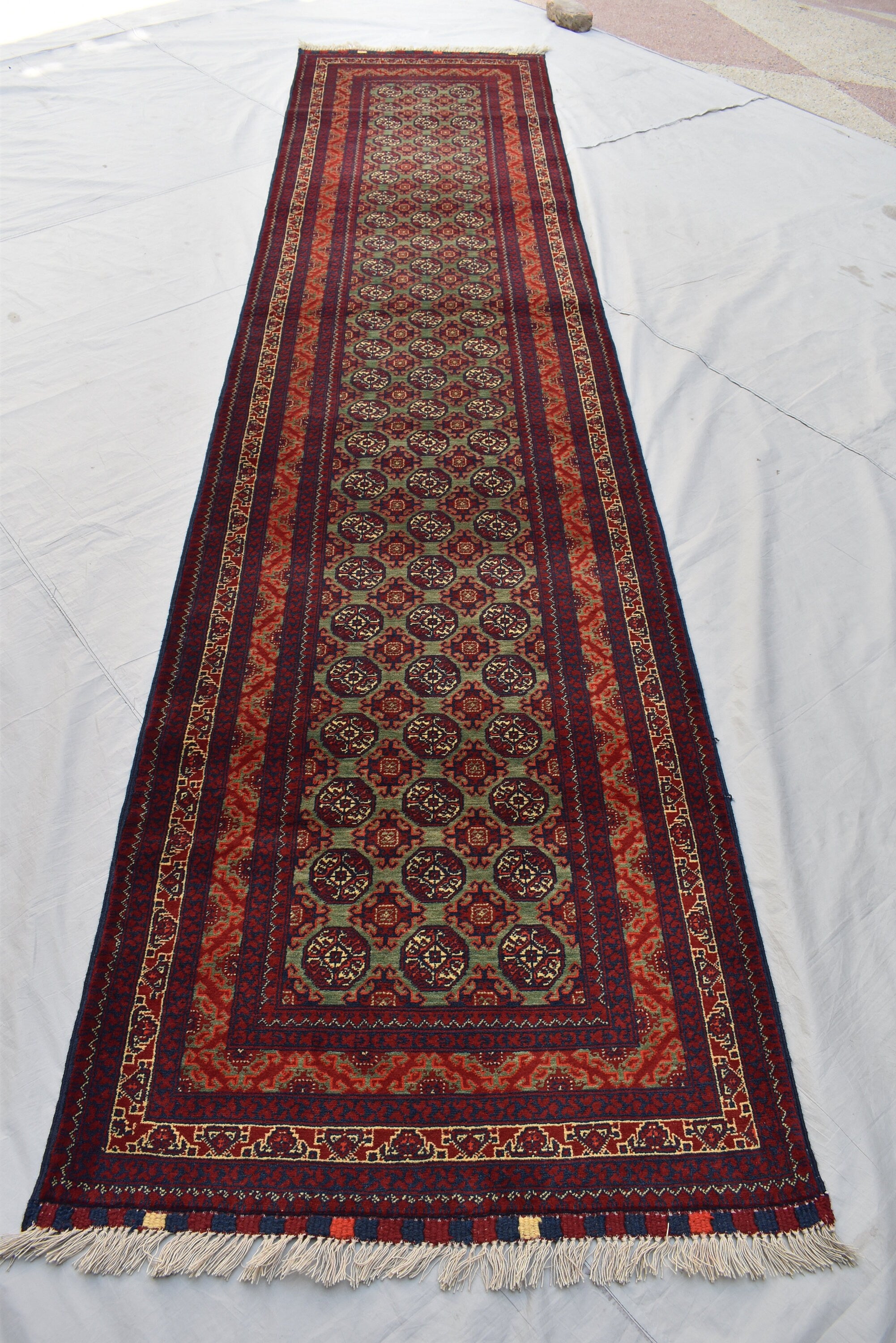 12.11x2.11 Afghan Turkmen Bukhara Runner Rug Handmade, Hallway Runner, Oriental Runner, Entryway Rug, Corridor Runner