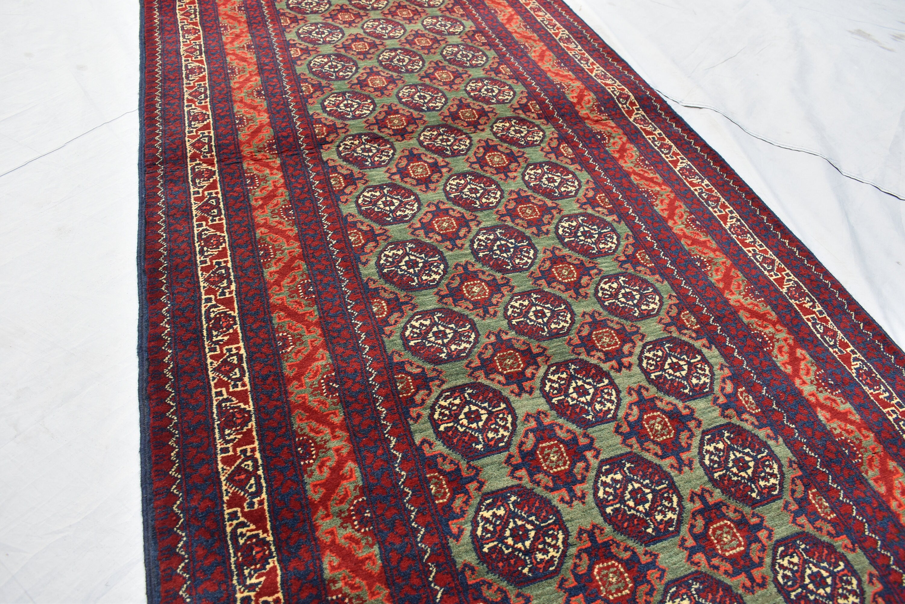 12.11x2.11 Afghan Turkmen Bukhara Runner Rug Handmade, Hallway Runner, Oriental Runner, Entryway Rug, Corridor Runner