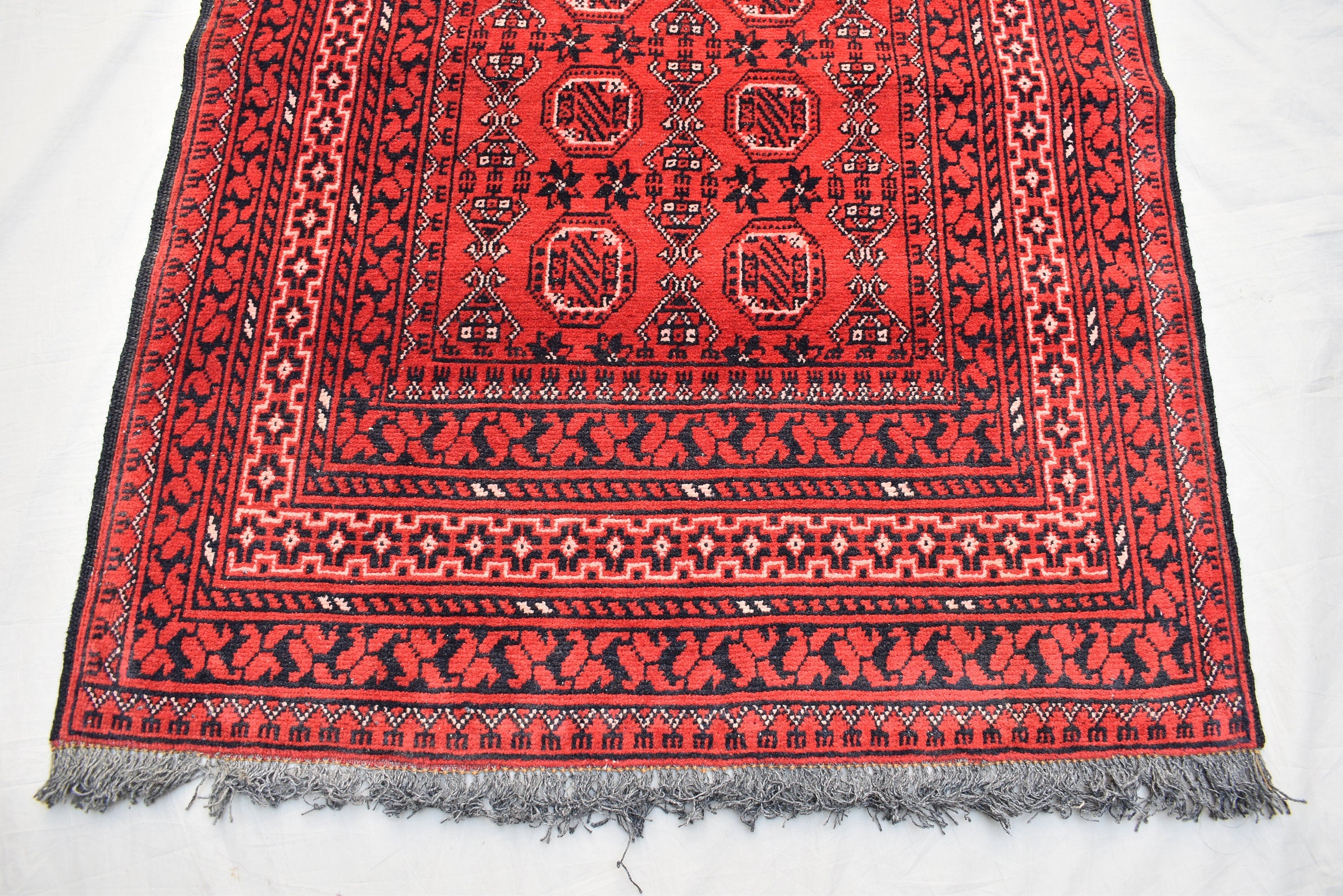3x9 Vintage Afghan Waziri Runner Rug, Turkmen Handwoven Wool Tribal Hallway Carpet, Red Geometric Oriental Runner, Boho Home Decor 281x76cm