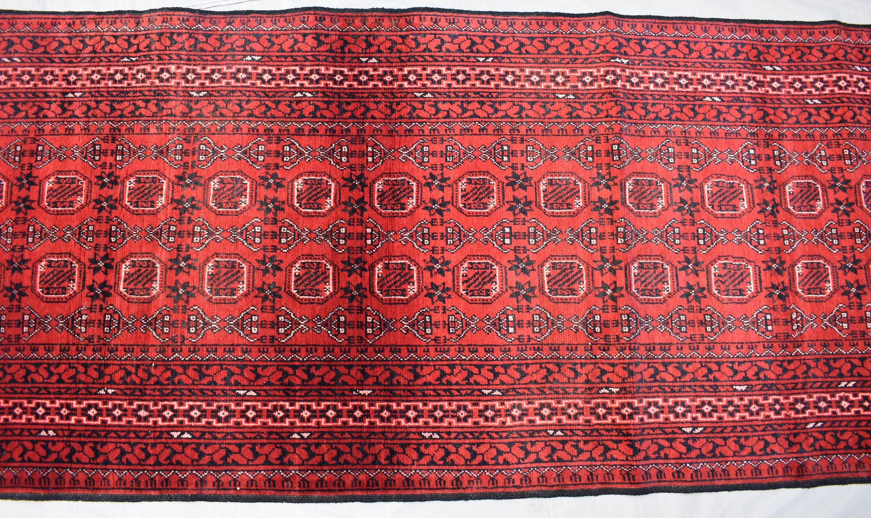 3x9 Vintage Afghan Waziri Runner Rug, Turkmen Handwoven Wool Tribal Hallway Carpet, Red Geometric Oriental Runner, Boho Home Decor 281x76cm