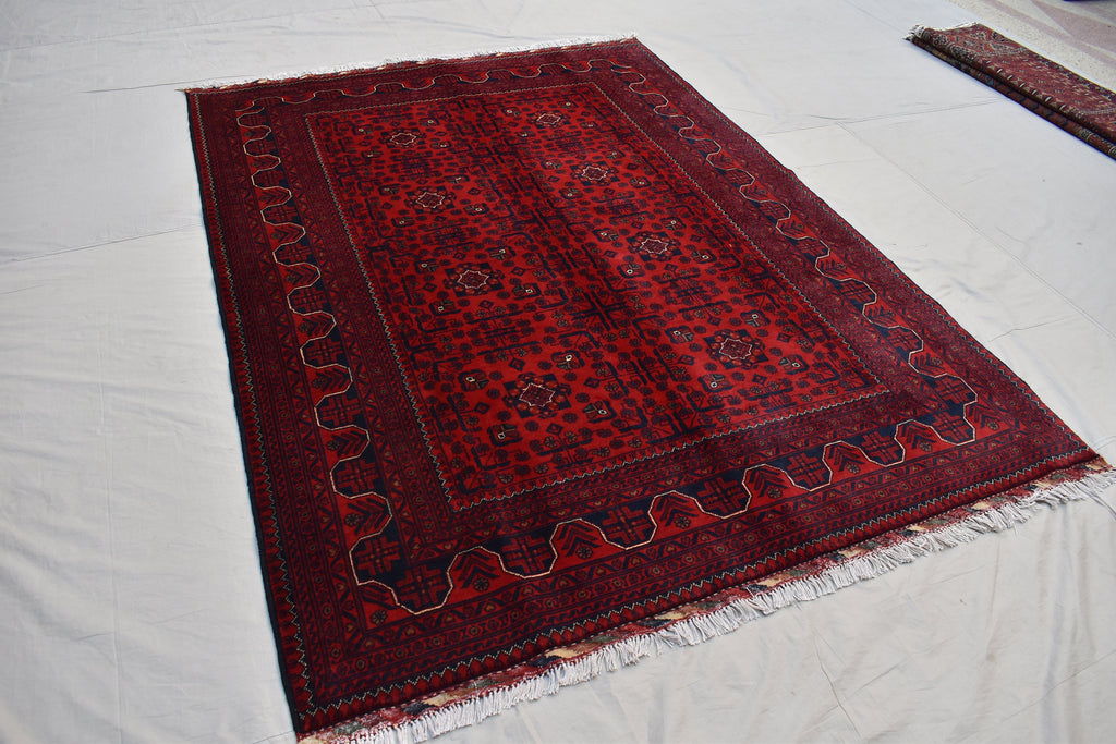 6x8Ft, Handmade Afghan Bukhara Rug | Khal Mohammadi Area Rug | Oriental Wool Rug | Traditional Turkmen Carpet | Red Tribal Afghan Rug