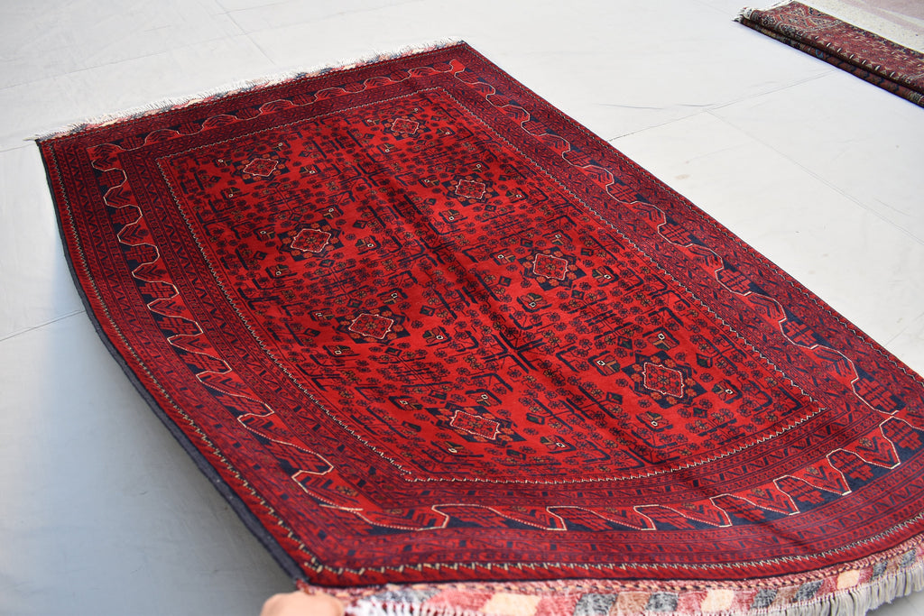 6x8 Afghan Bukhara Rug, Turkmen Geometric Red Wool Area Carpet, Boho Home Decor, Rug for Living Room, Bedroom Rug, Rustic Home decor