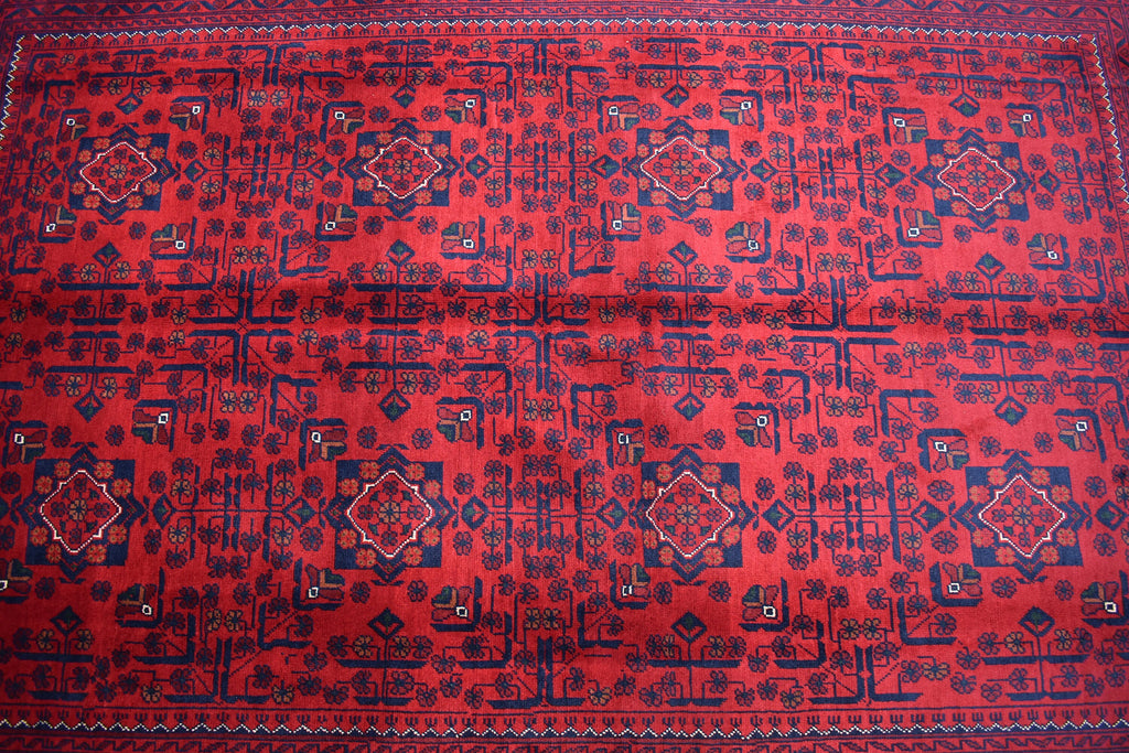 6x8 Afghan Bukhara Rug, Turkmen Geometric Red Wool Area Carpet, Boho Home Decor, Rug for Living Room, Bedroom Rug, Rustic Home decor
