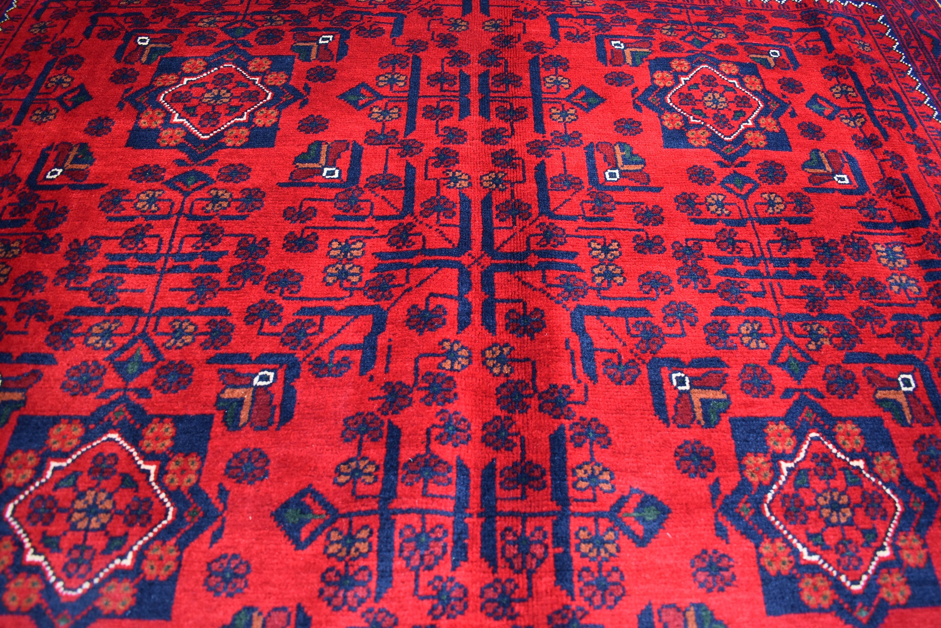 6x8 Afghan Bukhara Rug, Turkmen Geometric Red Wool Area Carpet, Boho Home Decor, Rug for Living Room, Bedroom Rug, Rustic Home decor