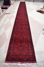 32 ft Long Afghan Bukhara Runner Rug Handwoven Wool, Rich Red & Blue Traditional Carpet, Boho Home Decor, Long Hallway Runner, Entryway Rug