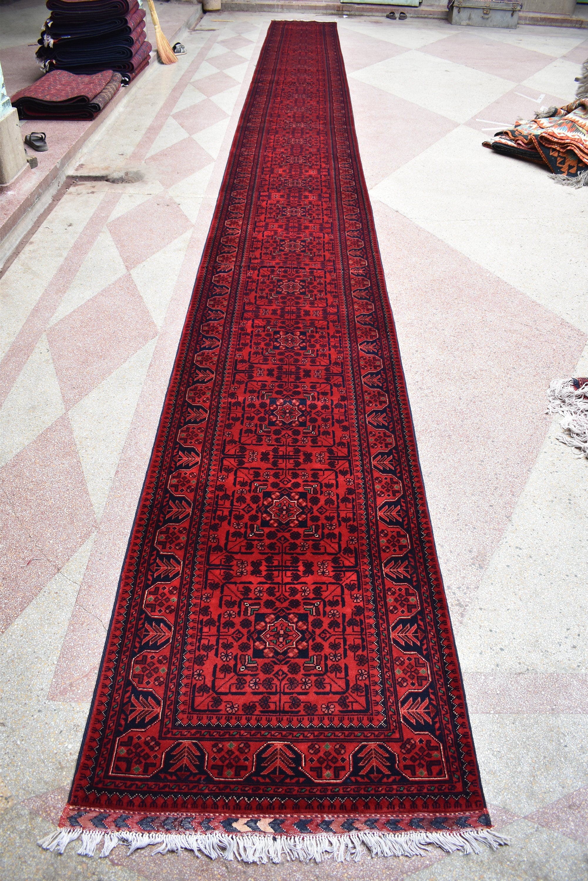32 ft Long Afghan Bukhara Runner Rug Handwoven Wool, Rich Red & Blue Traditional Carpet, Boho Home Decor, Long Hallway Runner, Entryway Rug