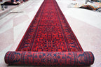 32 ft Long Afghan Bukhara Runner Rug Handwoven Wool, Rich Red & Blue Traditional Carpet, Boho Home Decor, Long Hallway Runner, Entryway Rug
