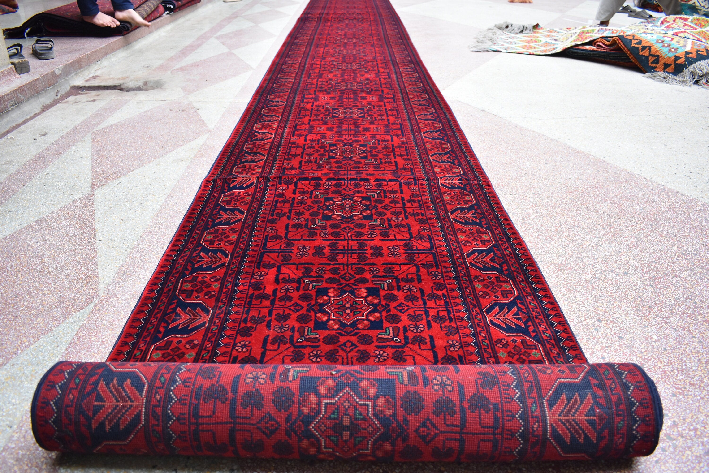 32 ft Long Afghan Bukhara Runner Rug Handwoven Wool, Rich Red & Blue Traditional Carpet, Boho Home Decor, Long Hallway Runner, Entryway Rug