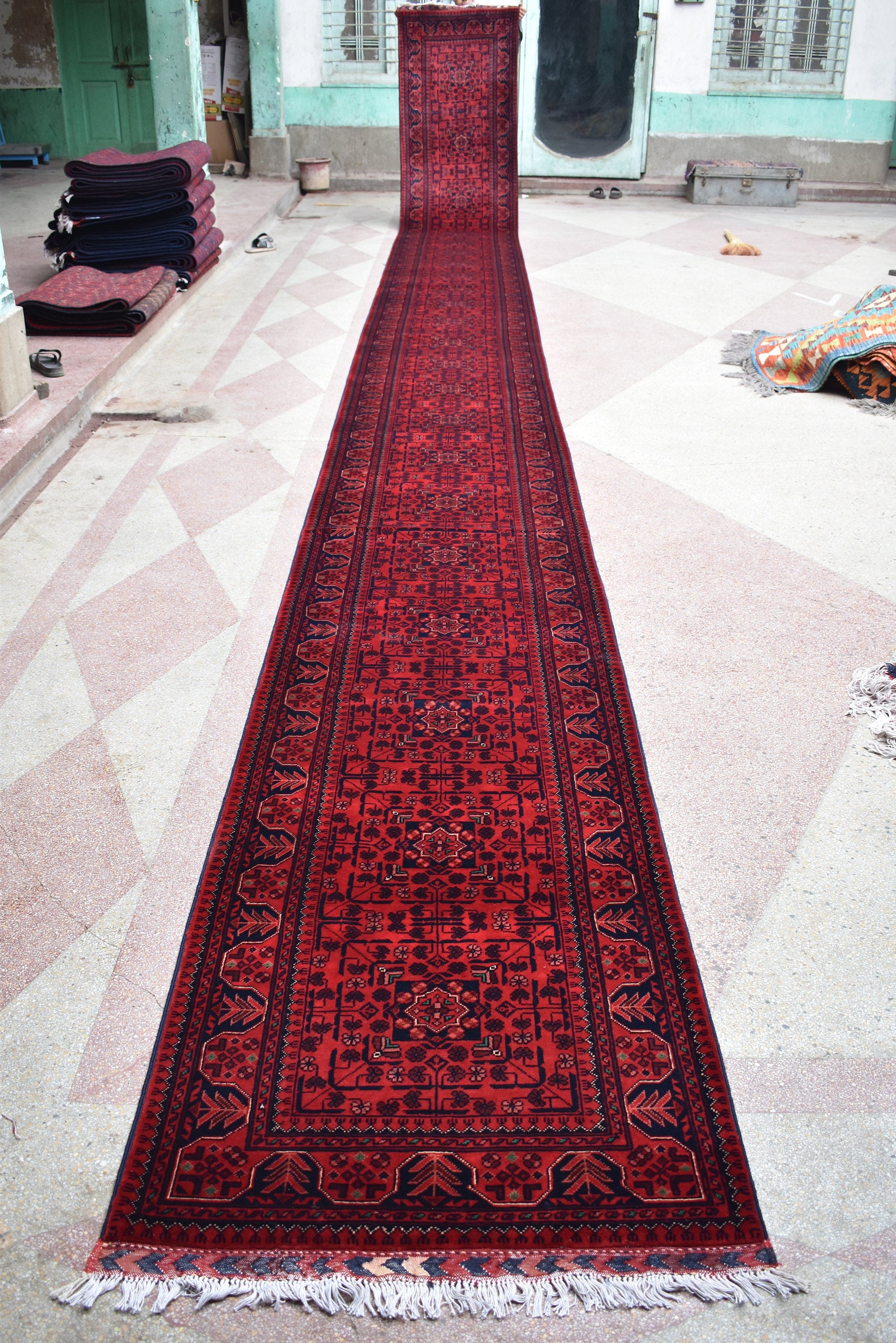 32 ft Long Afghan Bukhara Runner Rug Handwoven Wool, Rich Red & Blue Traditional Carpet, Boho Home Decor, Long Hallway Runner, Entryway Rug