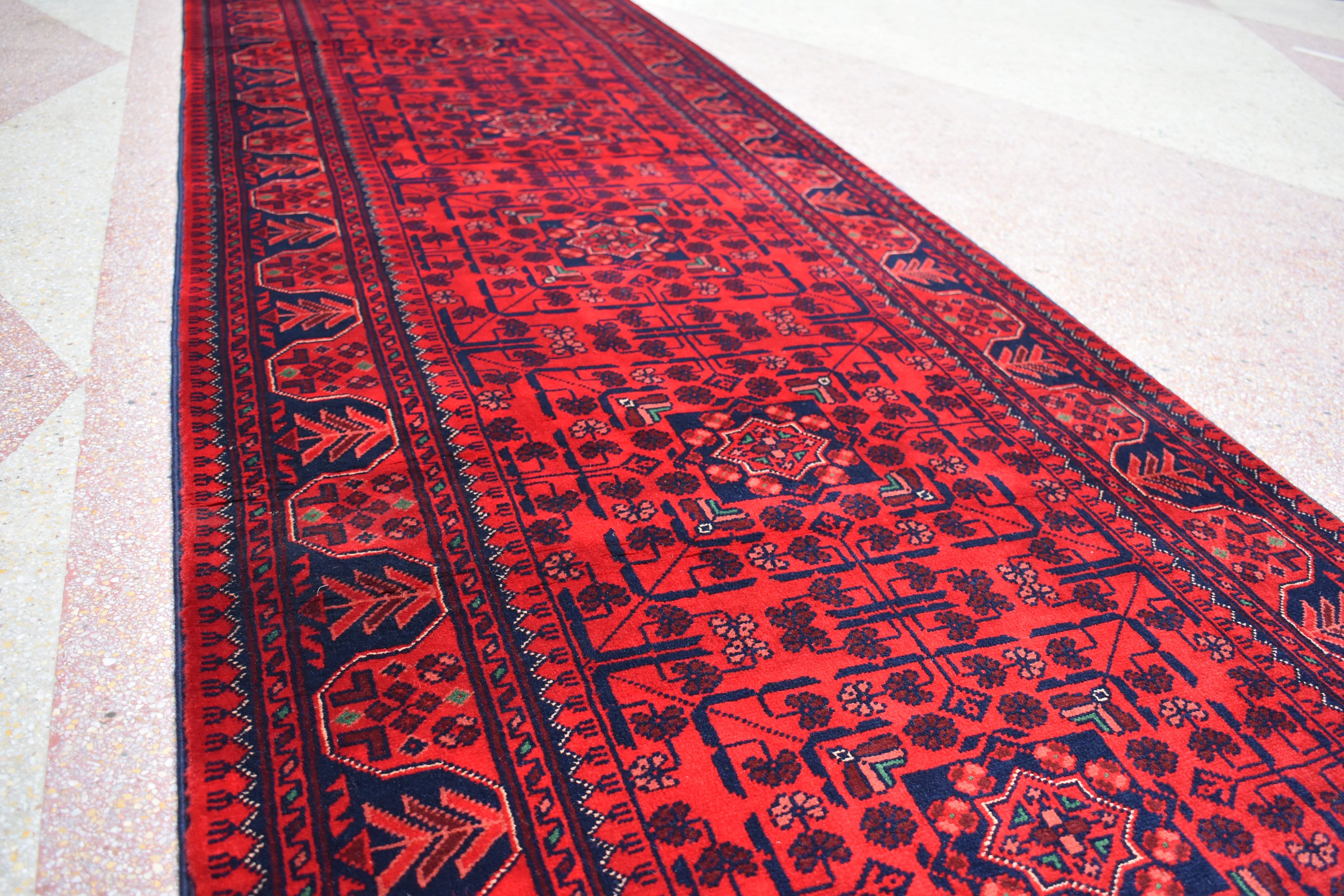 32 ft Long Afghan Bukhara Runner Rug Handwoven Wool, Rich Red & Blue Traditional Carpet, Boho Home Decor, Long Hallway Runner, Entryway Rug
