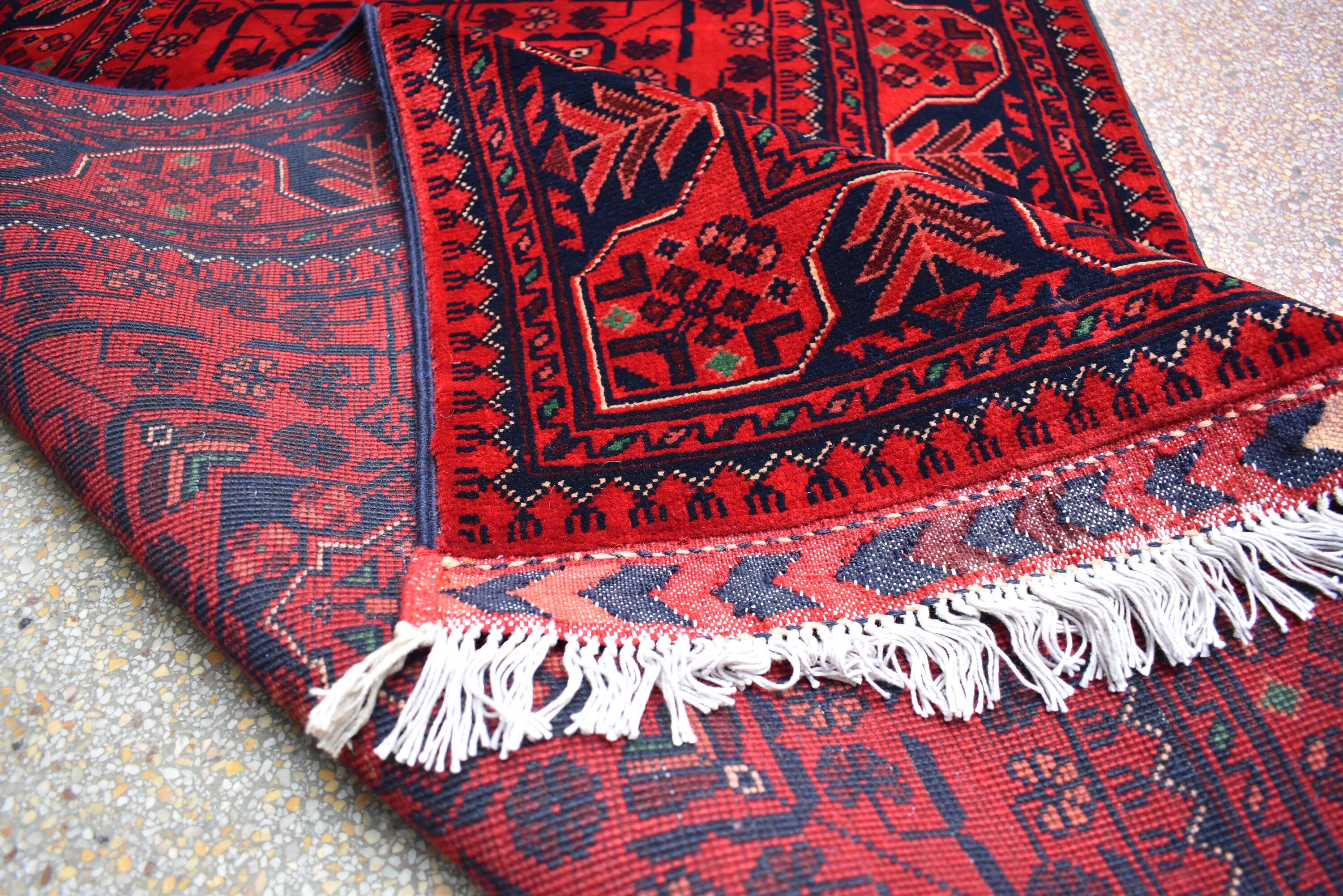 32 ft Long Afghan Bukhara Runner Rug Handwoven Wool, Rich Red & Blue Traditional Carpet, Boho Home Decor, Long Hallway Runner, Entryway Rug