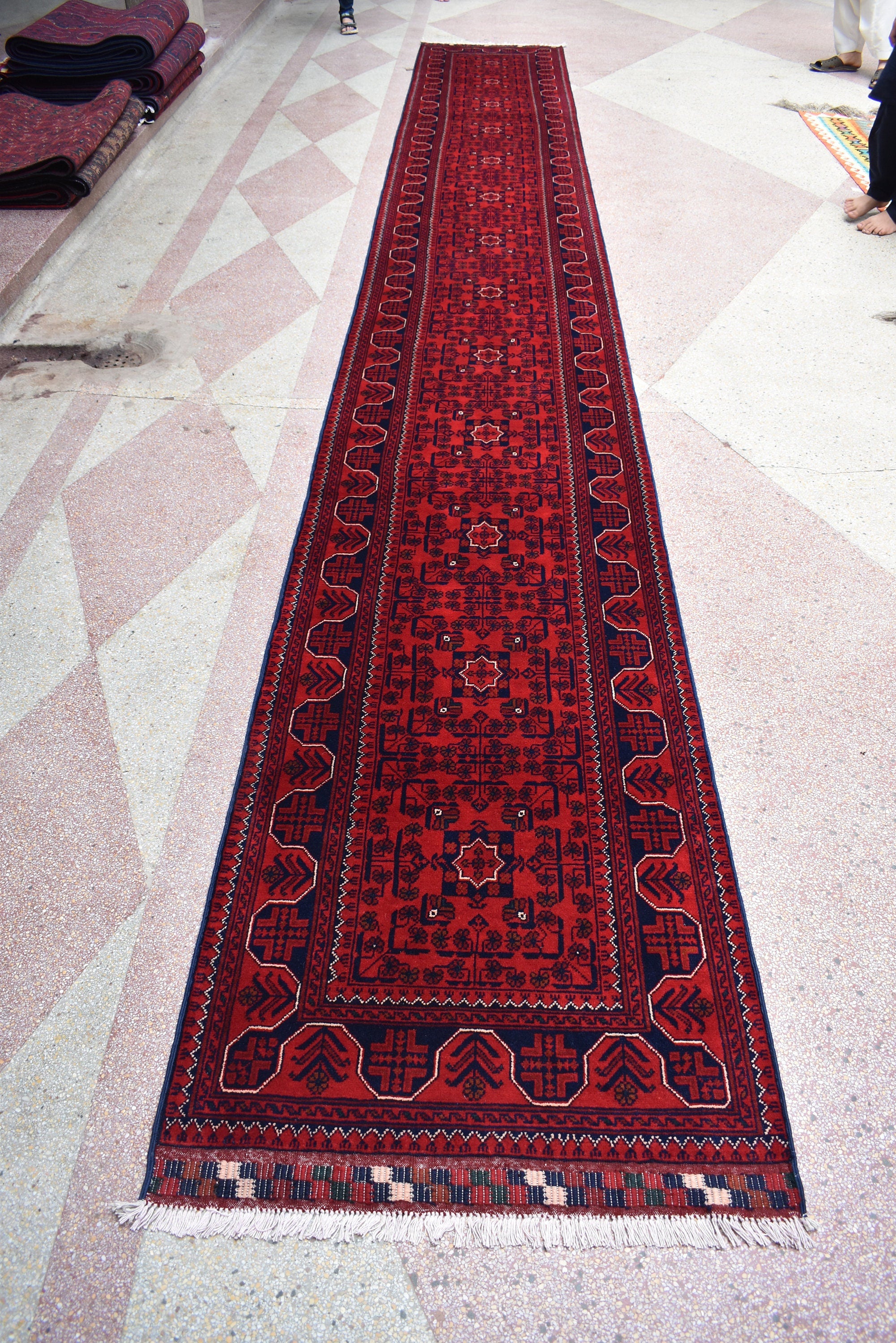 3x20ft Red Bukhara Runner Rug – Hand-Knotted Afghan Wool Rug, Ideal for Hallways, Weddings, Festivals & Traditional Events 598X77 cm