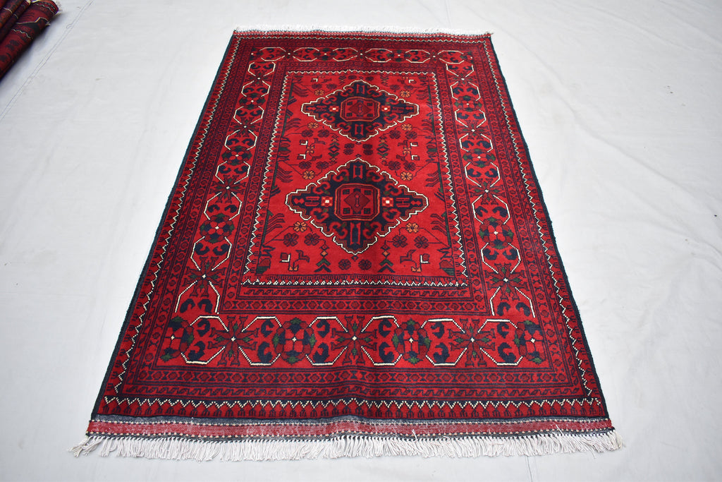 3x5 Bukhara Afghan Hand-woven Tribal Wool Rug, Rich Red and Navy Blue Rug, Rug for Hallway, Bedroom and Office, Accent Size Rug 5.1x3.3 ft