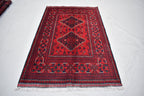 3x5 Bukhara Afghan Hand-woven Tribal Wool Rug, Rich Red and Navy Blue Rug, Rug for Hallway, Bedroom and Office, Accent Size Rug 5.1x3.3 ft