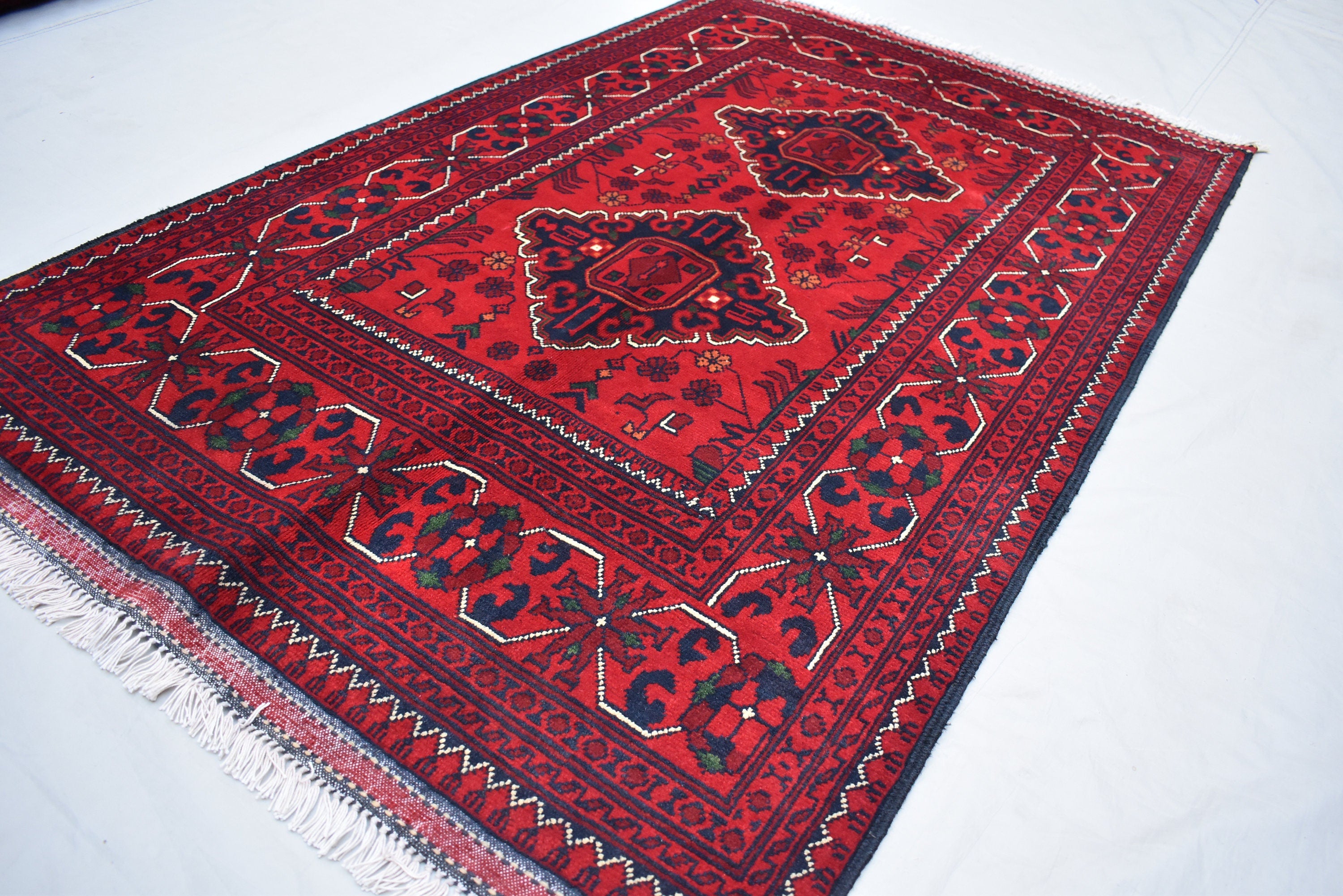 3x5 Bukhara Afghan Hand-woven Tribal Wool Rug, Rich Red and Navy Blue Rug, Rug for Hallway, Bedroom and Office, Accent Size Rug 5.1x3.3 ft