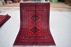 3x5 Bukhara Afghan Hand-woven Tribal Wool Rug, Rich Red and Navy Blue Rug, Rug for Hallway, Bedroom and Office, Accent Size Rug 5.1x3.3 ft