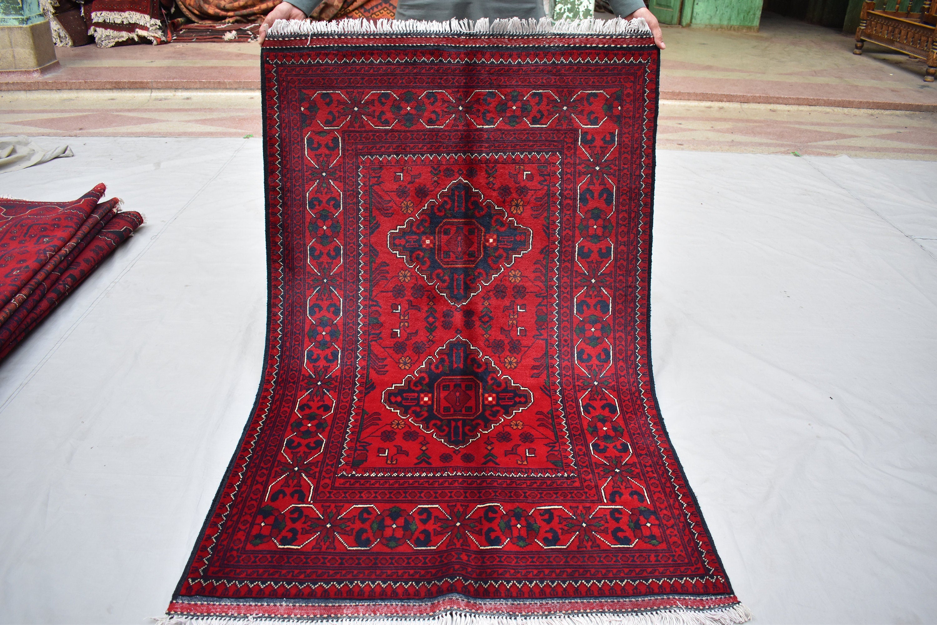 3x5 Bukhara Afghan Hand-woven Tribal Wool Rug, Rich Red and Navy Blue Rug, Rug for Hallway, Bedroom and Office, Accent Size Rug 5.1x3.3 ft