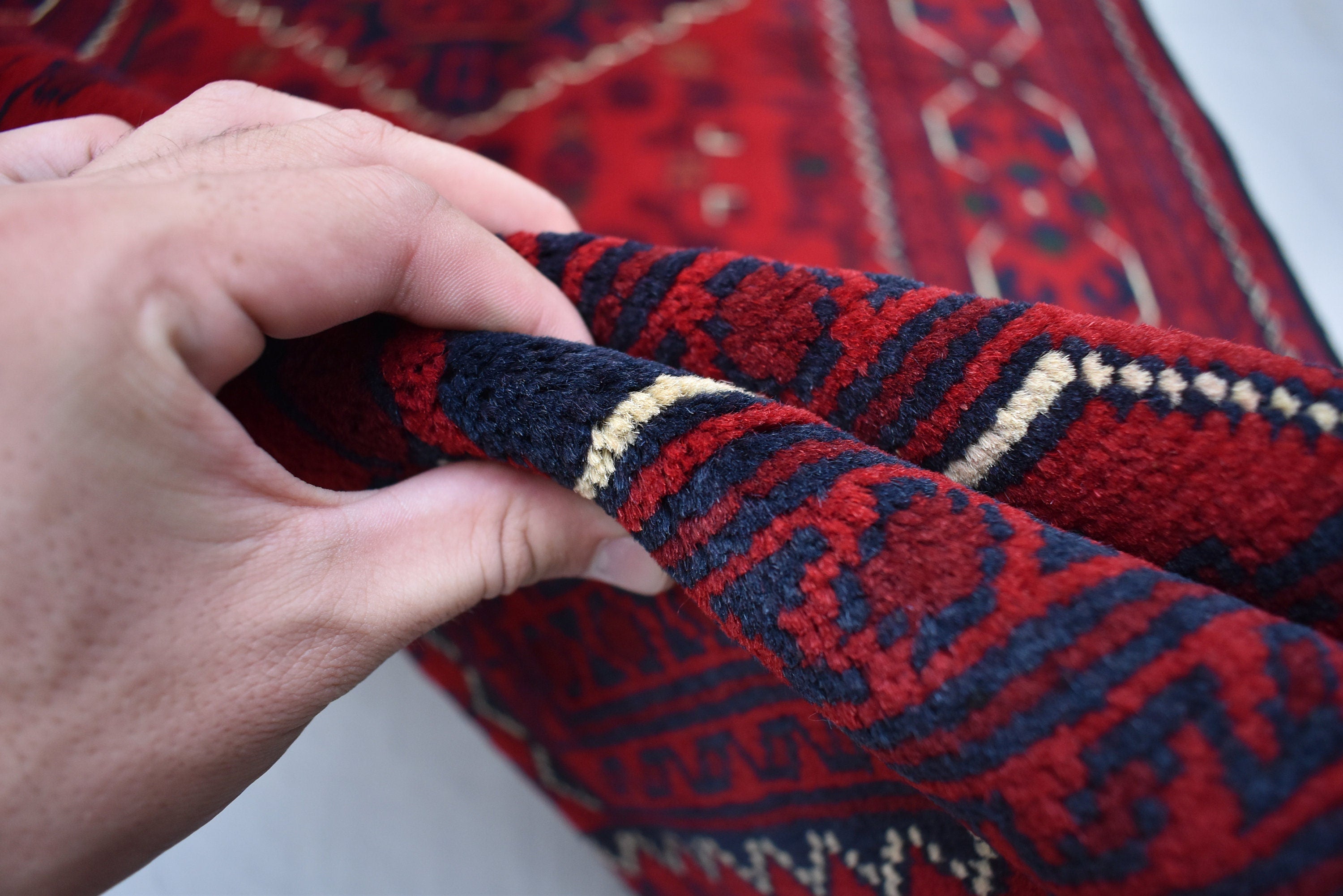 3x5 Bukhara Afghan Hand-woven Tribal Wool Rug, Rich Red and Navy Blue Rug, Rug for Hallway, Bedroom and Office, Accent Size Rug 5.1x3.3 ft