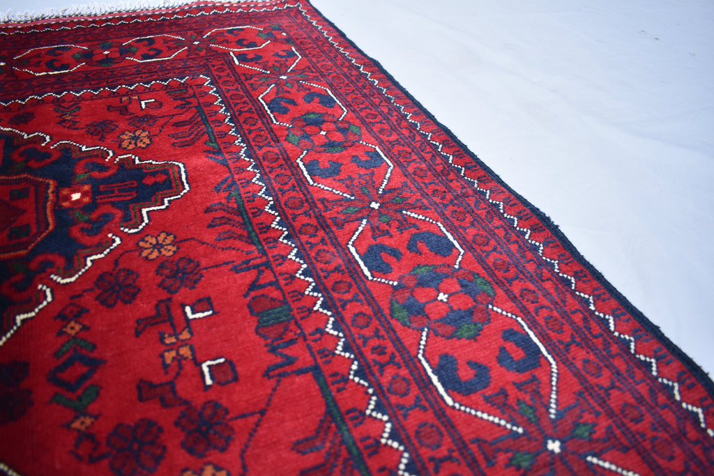 3x5 Bukhara Afghan Hand-woven Tribal Wool Rug, Rich Red and Navy Blue Rug, Rug for Hallway, Bedroom and Office, Accent Size Rug 5.1x3.3 ft