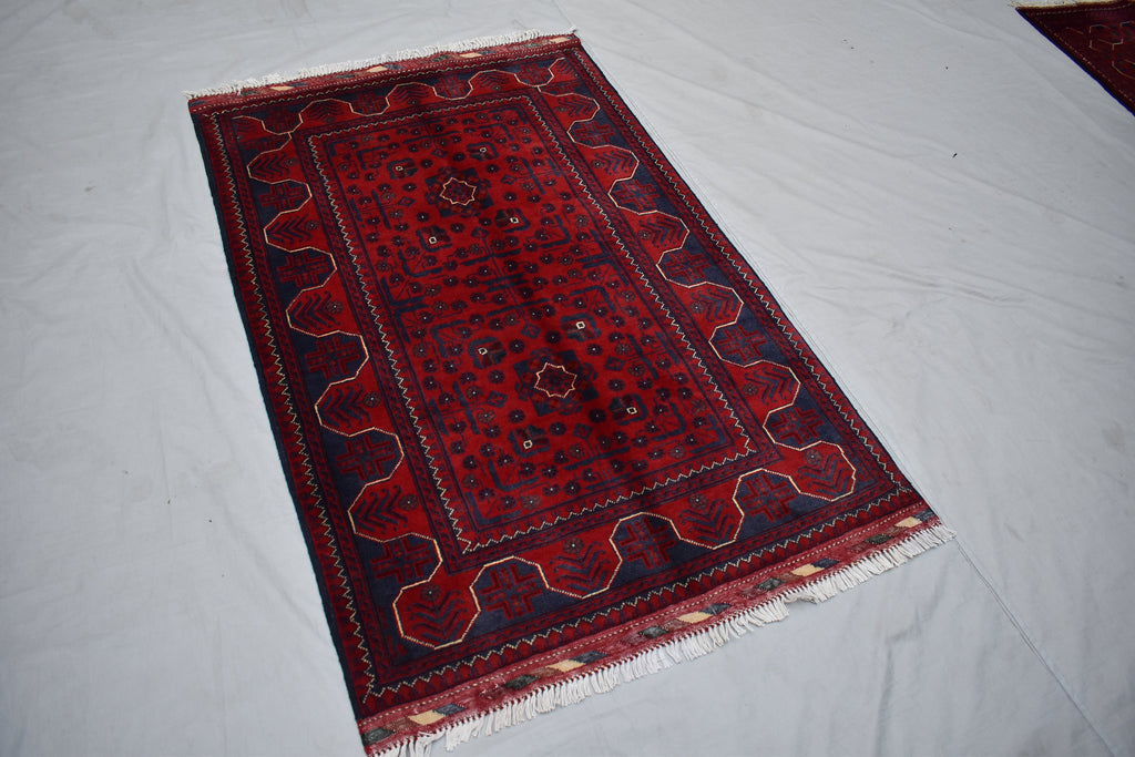 3x5 Bukhara Rug Hand-knotted Afghan Tribal Traditional Rug-Rich Red and Nay Blue Rug, Small Size Rug - Perfect For bedroom, Hallways, Office
