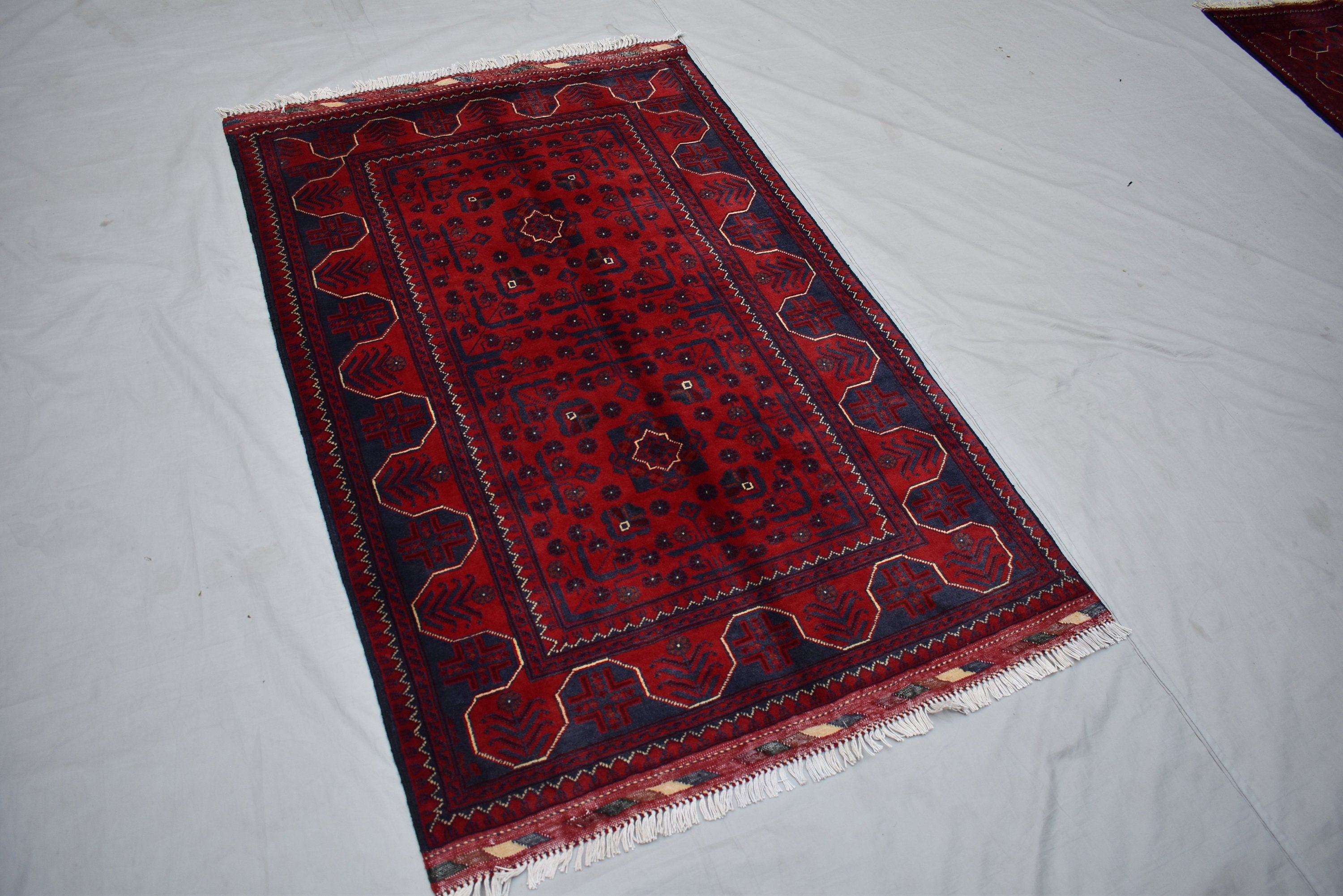 3x5 Bukhara Rug Hand-knotted Afghan Tribal Traditional Rug-Rich Red and Nay Blue Rug, Small Size Rug - Perfect For bedroom, Hallways, Office