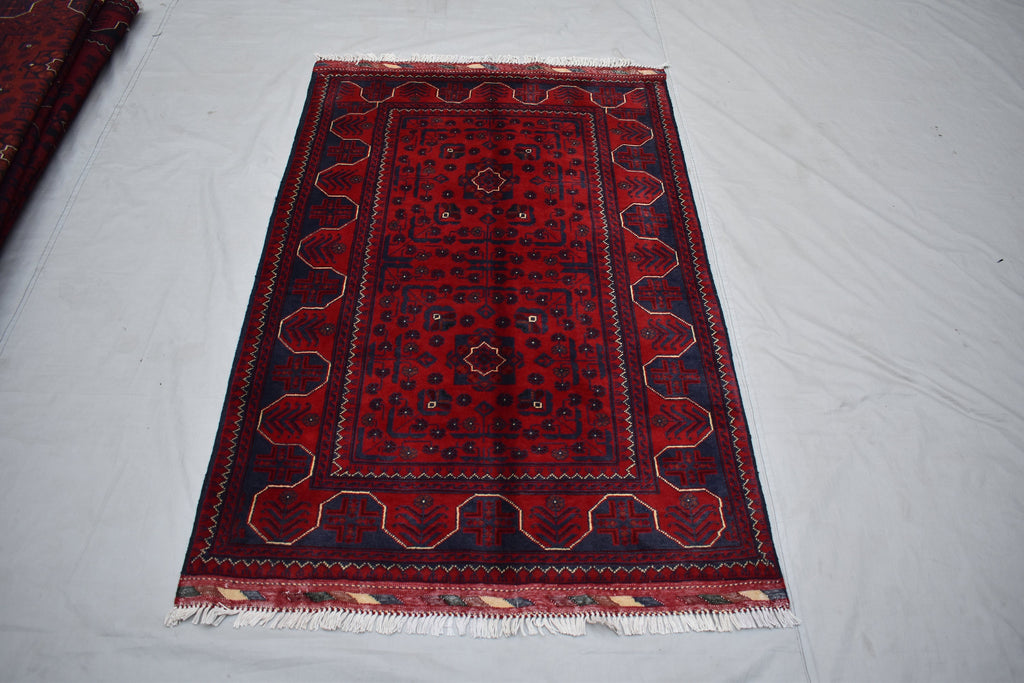 3x5 Bukhara Rug Hand-knotted Afghan Tribal Traditional Rug-Rich Red and Nay Blue Rug, Small Size Rug - Perfect For bedroom, Hallways, Office