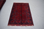 3x5 Bukhara Rug Hand-knotted Afghan Tribal Traditional Rug-Rich Red and Nay Blue Rug, Small Size Rug - Perfect For bedroom, Hallways, Office