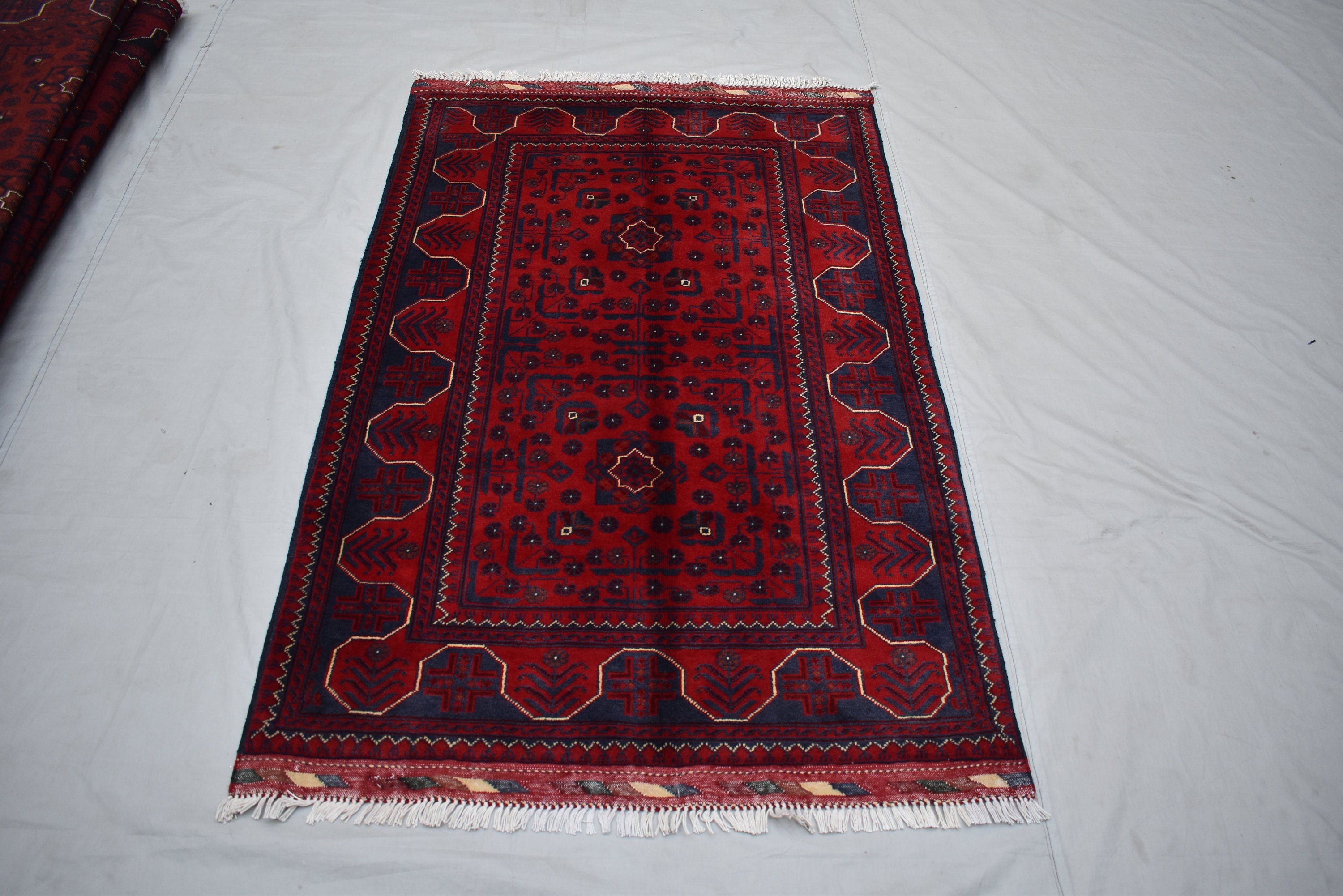 3x5 Bukhara Rug Hand-knotted Afghan Tribal Traditional Rug-Rich Red and Nay Blue Rug, Small Size Rug - Perfect For bedroom, Hallways, Office