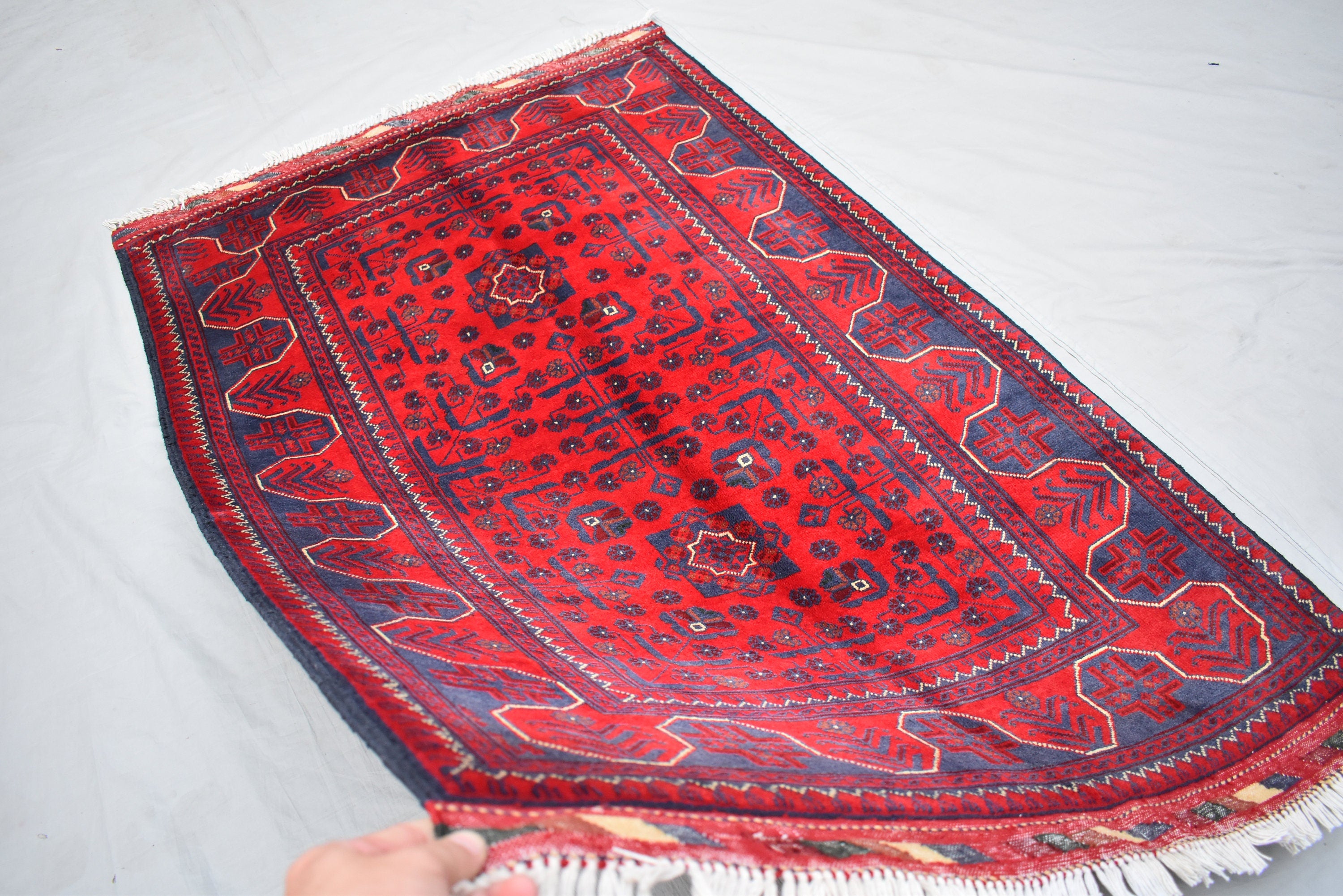 3x5 Bukhara Rug Hand-knotted Afghan Tribal Traditional Rug-Rich Red and Nay Blue Rug, Small Size Rug - Perfect For bedroom, Hallways, Office
