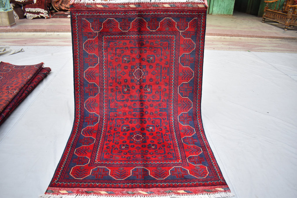 3x5 Bukhara Rug Hand-knotted Afghan Tribal Traditional Rug-Rich Red and Nay Blue Rug, Small Size Rug - Perfect For bedroom, Hallways, Office