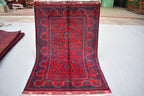 3x5 Bukhara Rug Hand-knotted Afghan Tribal Traditional Rug-Rich Red and Nay Blue Rug, Small Size Rug - Perfect For bedroom, Hallways, Office