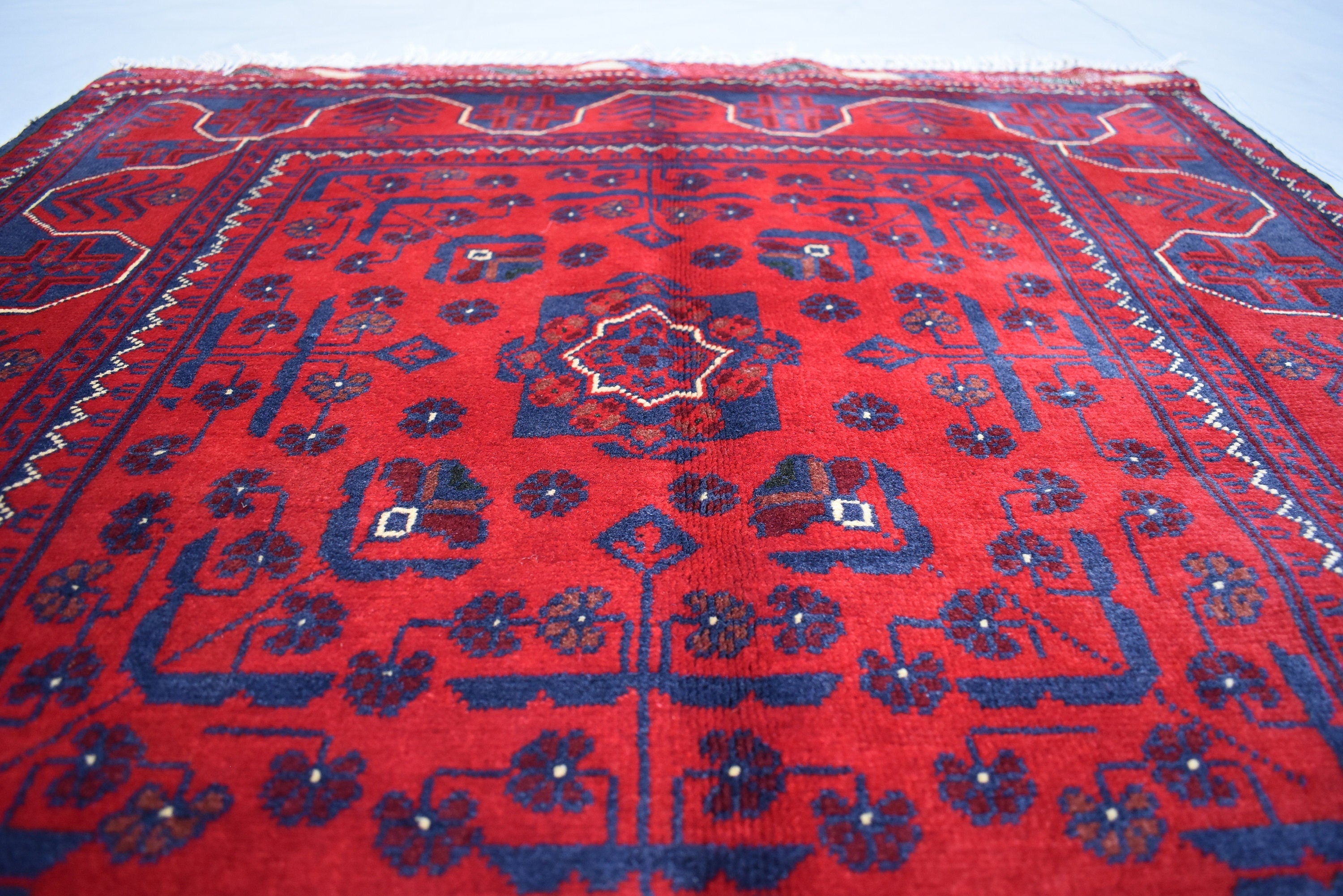 3x5 Bukhara Rug Hand-knotted Afghan Tribal Traditional Rug-Rich Red and Nay Blue Rug, Small Size Rug - Perfect For bedroom, Hallways, Office
