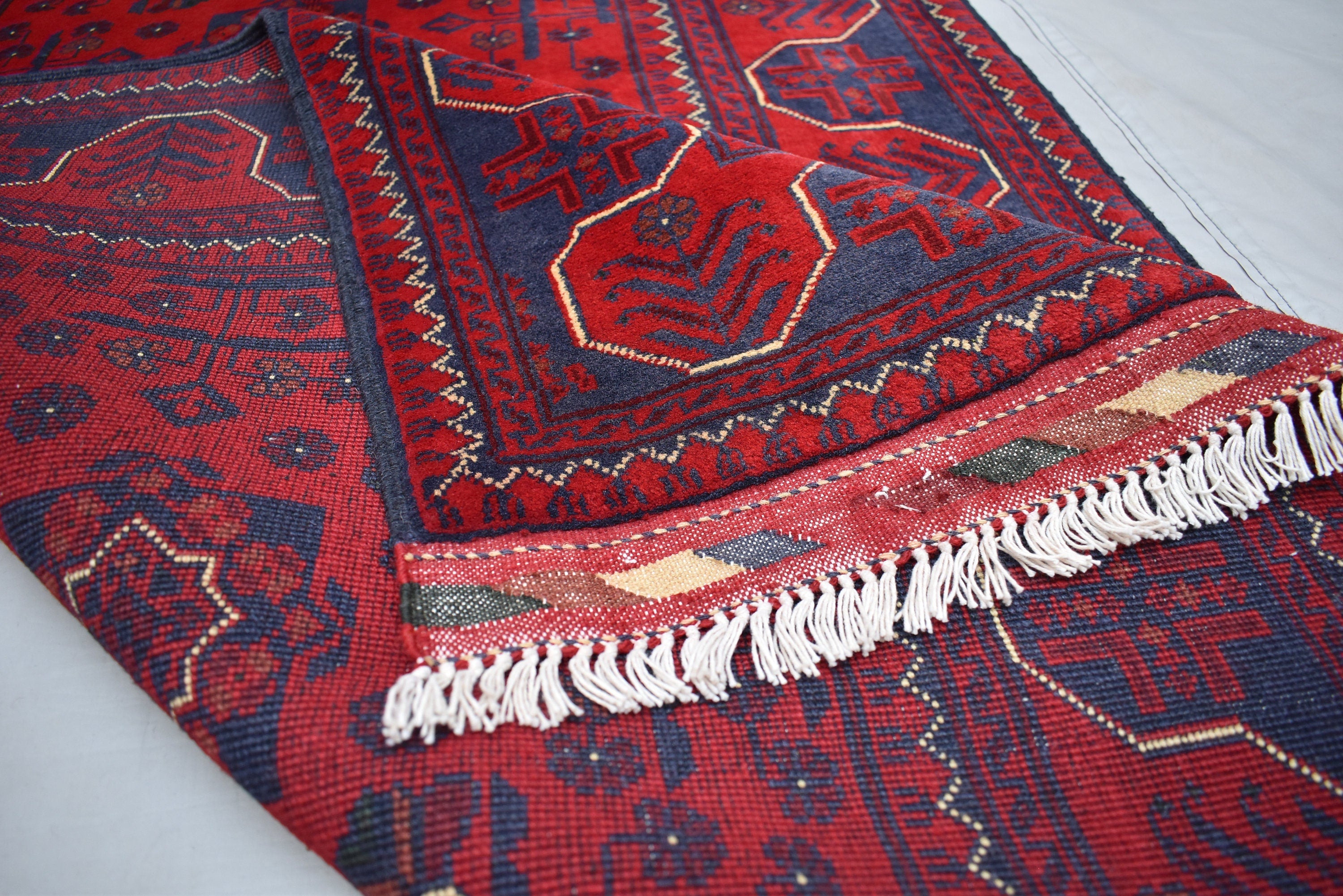 3x5 Bukhara Rug Hand-knotted Afghan Tribal Traditional Rug-Rich Red and Nay Blue Rug, Small Size Rug - Perfect For bedroom, Hallways, Office