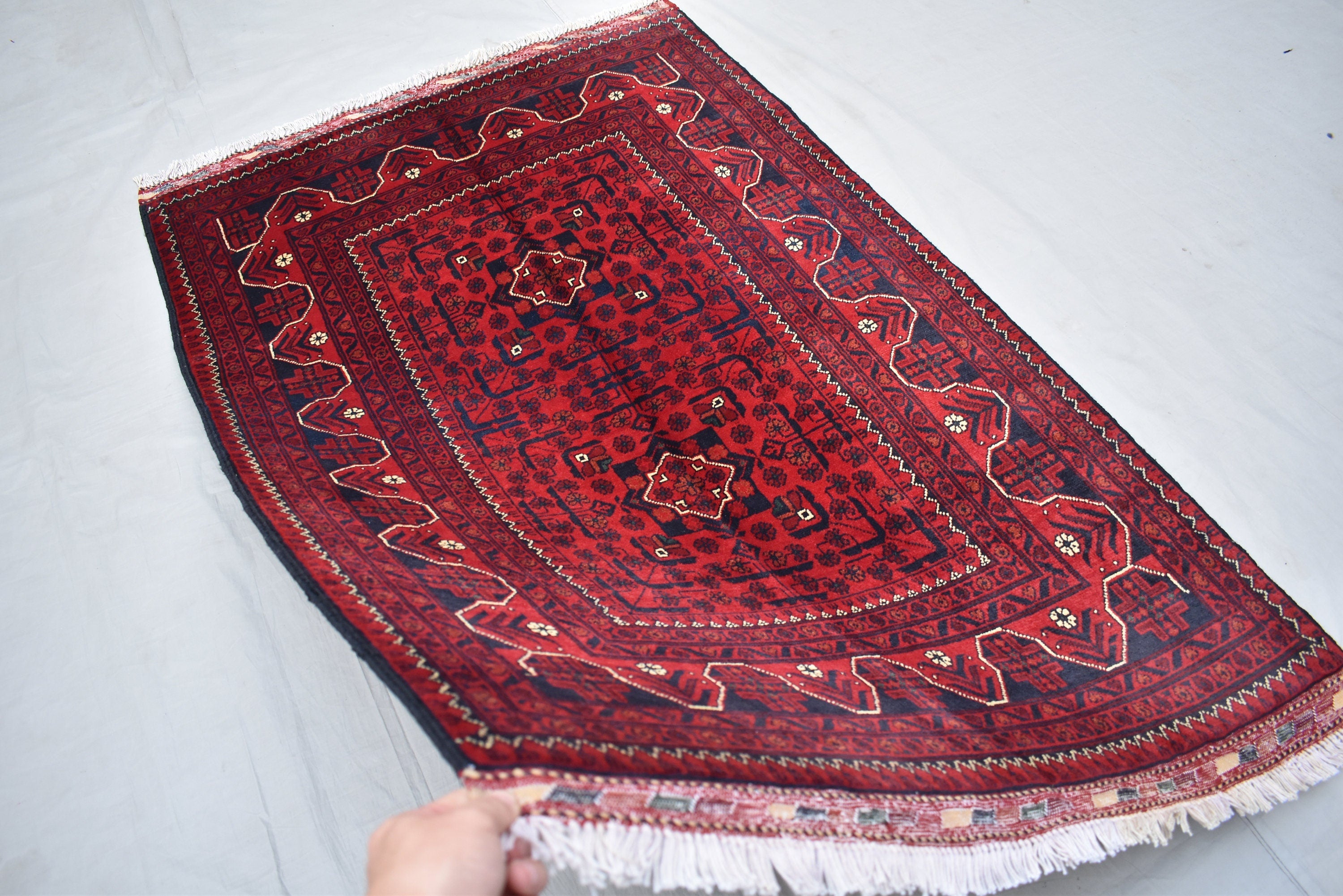3x5 Afghan Bukhara Rug – Turkmen Hand-Knotted Wool Tribal Area Rug – Red Oriental Afghan Carpet – Traditional Vintage Style Decor 157x99cm
