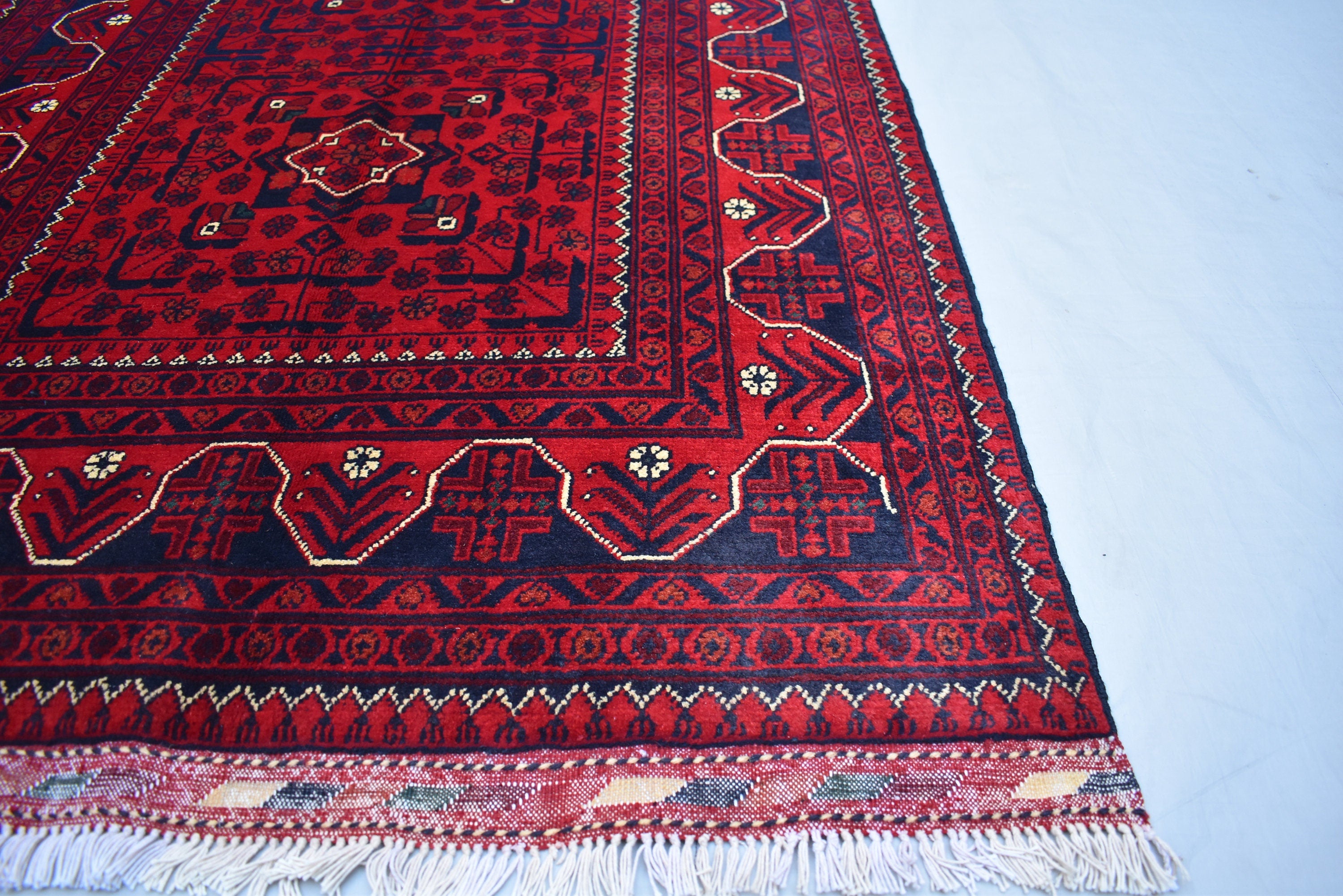 3x5 Afghan Bukhara Rug – Turkmen Hand-Knotted Wool Tribal Area Rug – Red Oriental Afghan Carpet – Traditional Vintage Style Decor 157x99cm