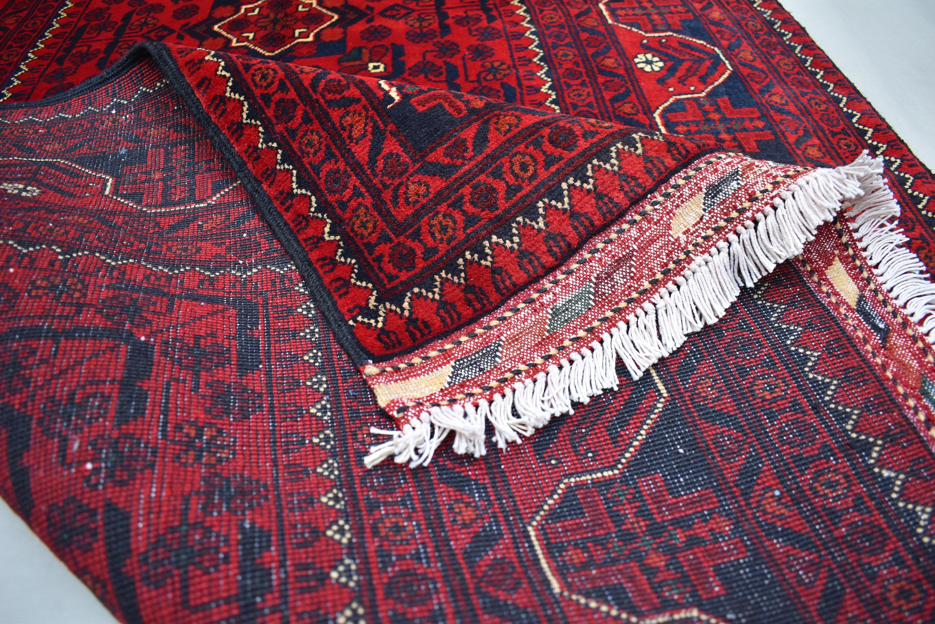 3x5 Afghan Bukhara Rug – Turkmen Hand-Knotted Wool Tribal Area Rug – Red Oriental Afghan Carpet – Traditional Vintage Style Decor 157x99cm